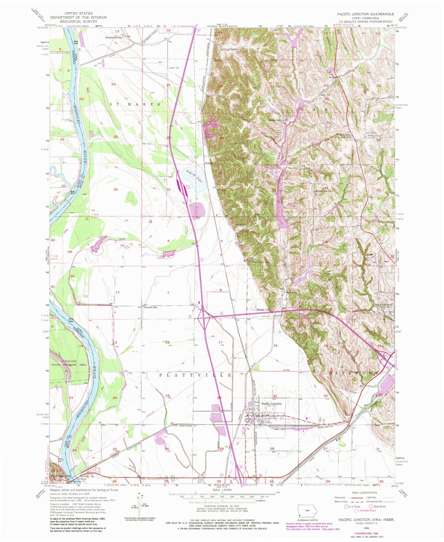 Classic USGS Pacific Junction Iowa 7.5'x7.5' Topo Map Image