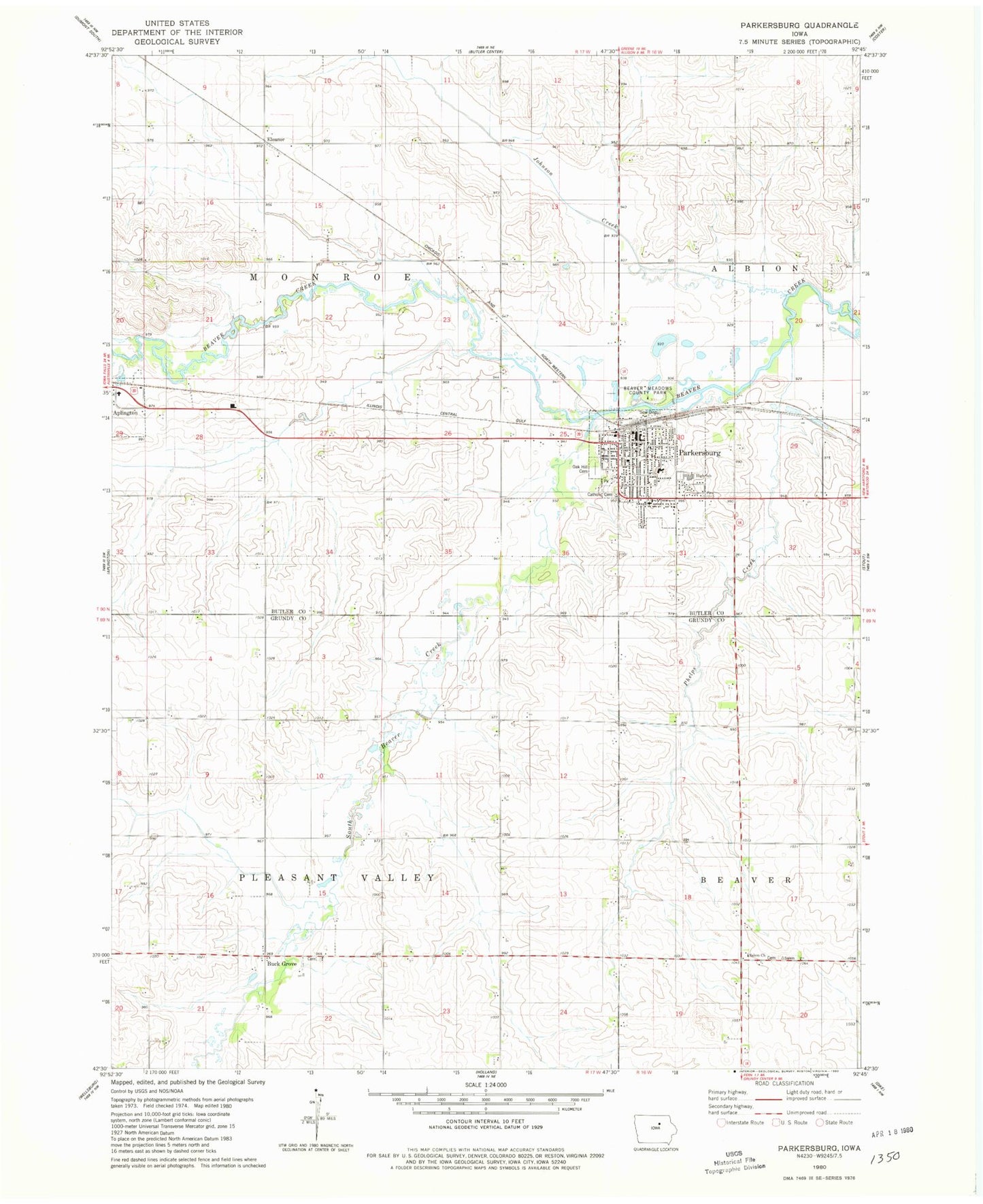 Classic USGS Parkersburg Iowa 7.5'x7.5' Topo Map Image