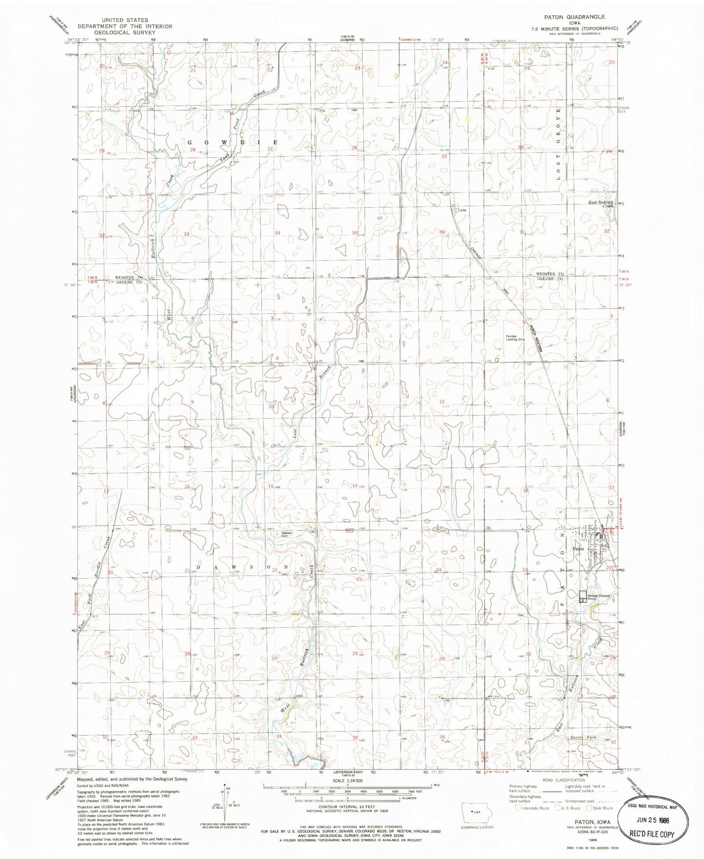 Classic USGS Paton Iowa 7.5'x7.5' Topo Map Image