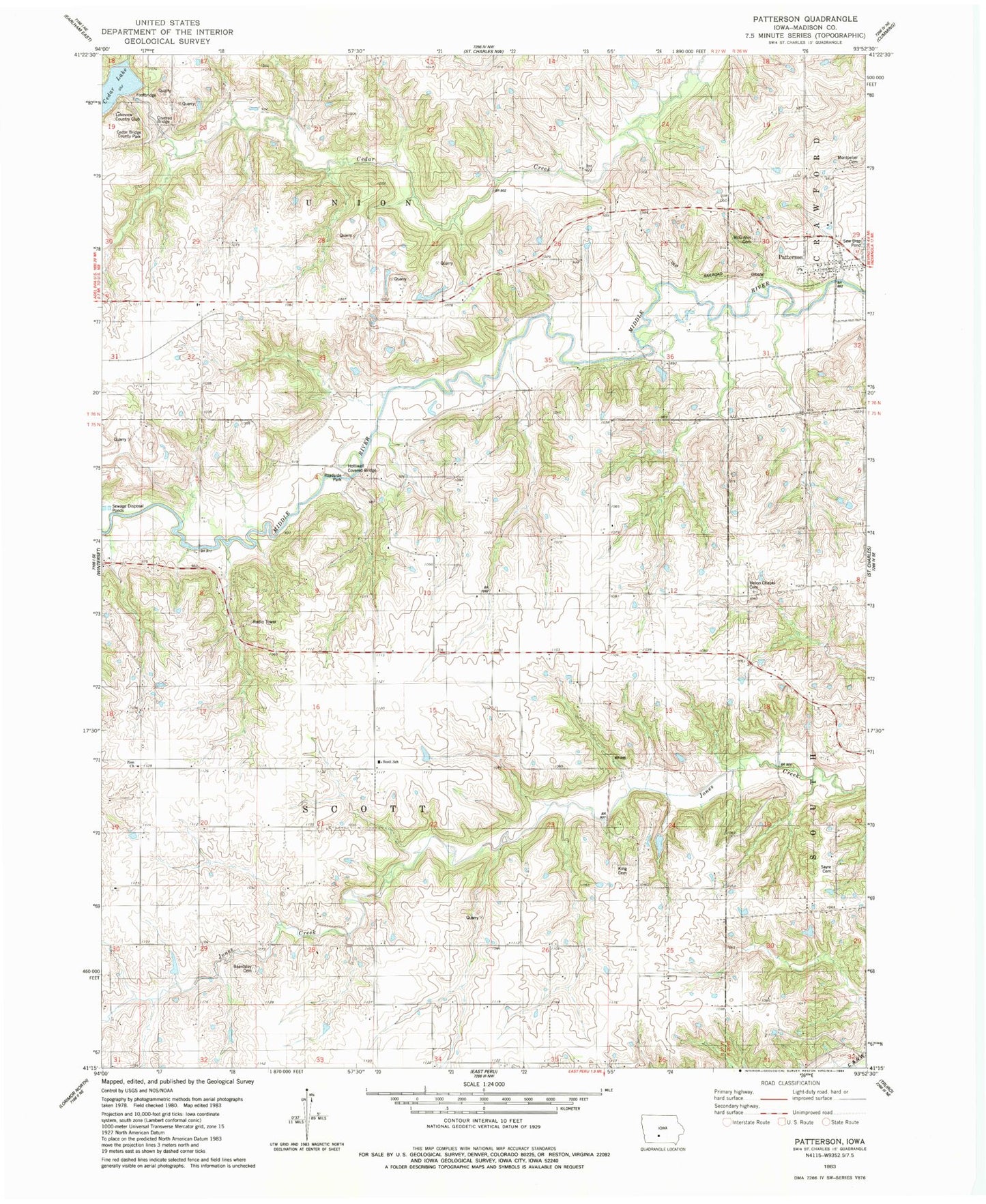 Classic USGS Patterson Iowa 7.5'x7.5' Topo Map Image