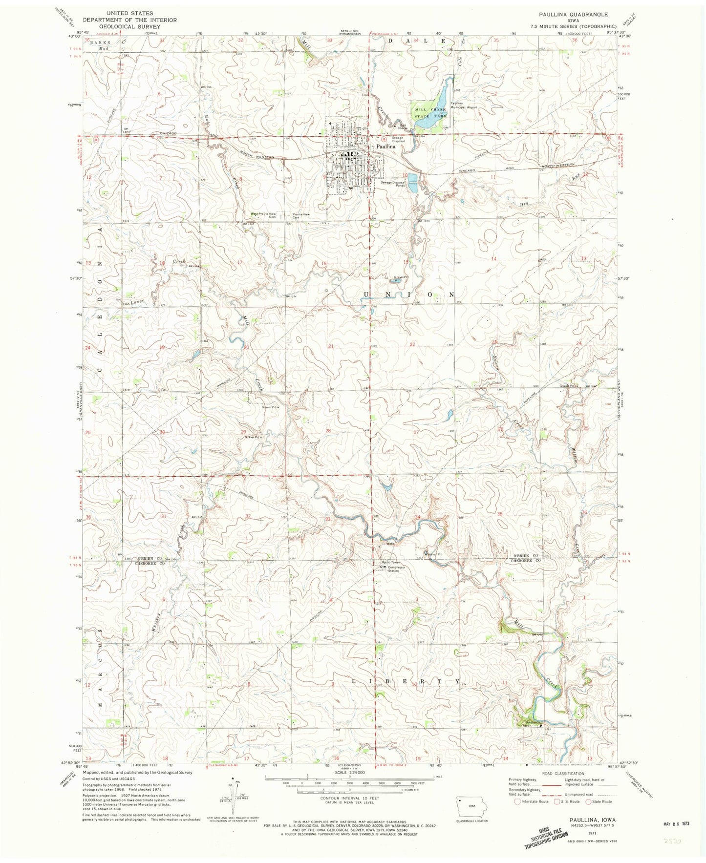 Classic USGS Paullina Iowa 7.5'x7.5' Topo Map Image