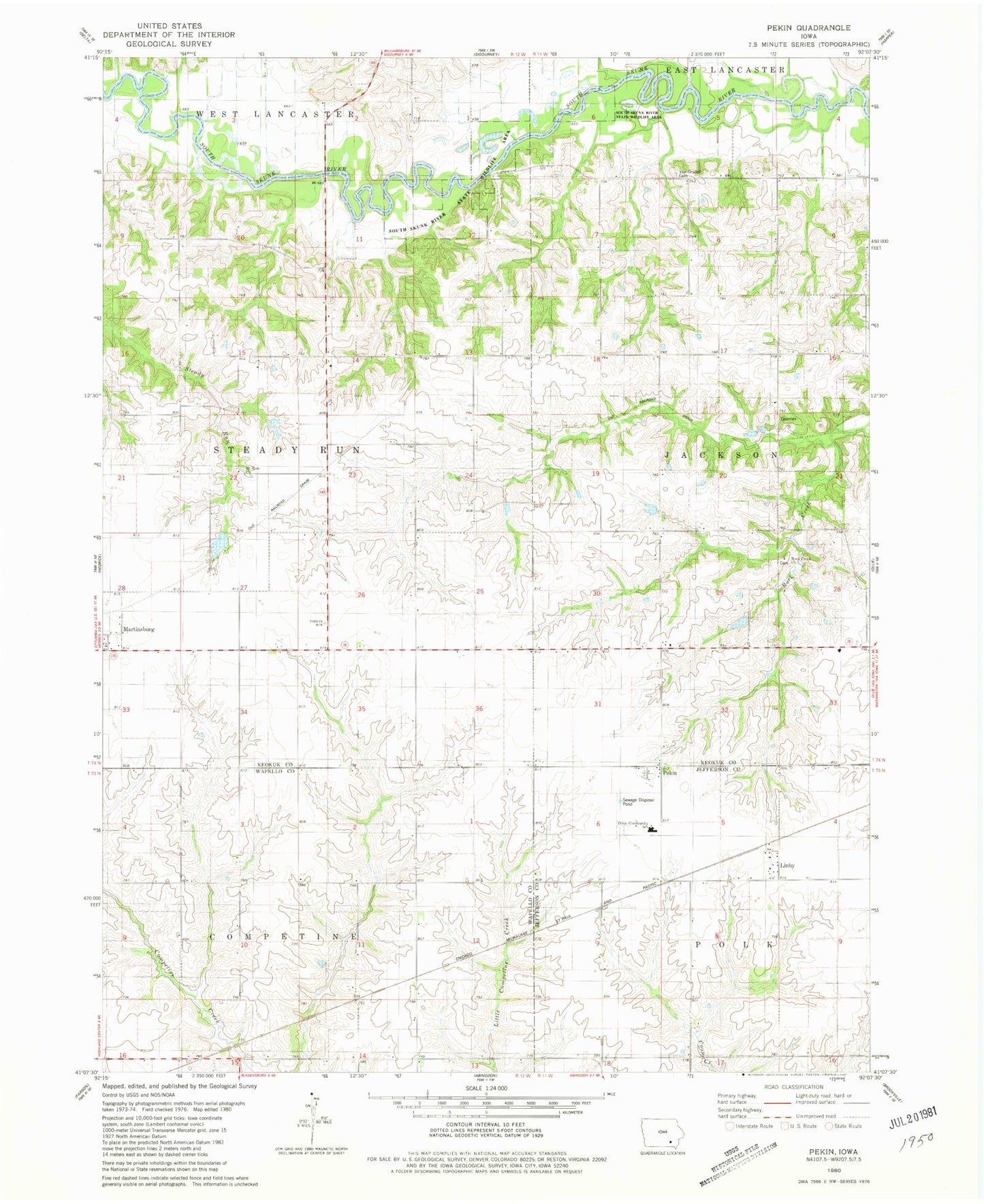 Classic USGS Pekin Iowa 7.5'x7.5' Topo Map Image