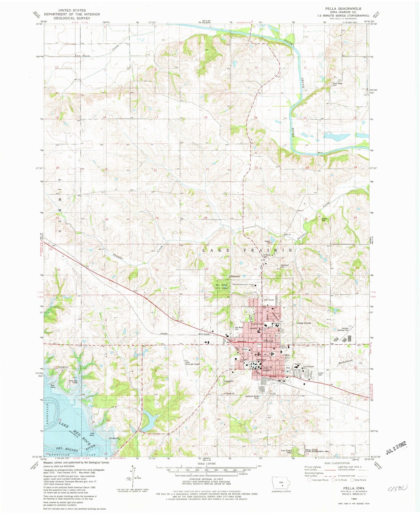 Classic USGS Pella Iowa 7.5'x7.5' Topo Map Image