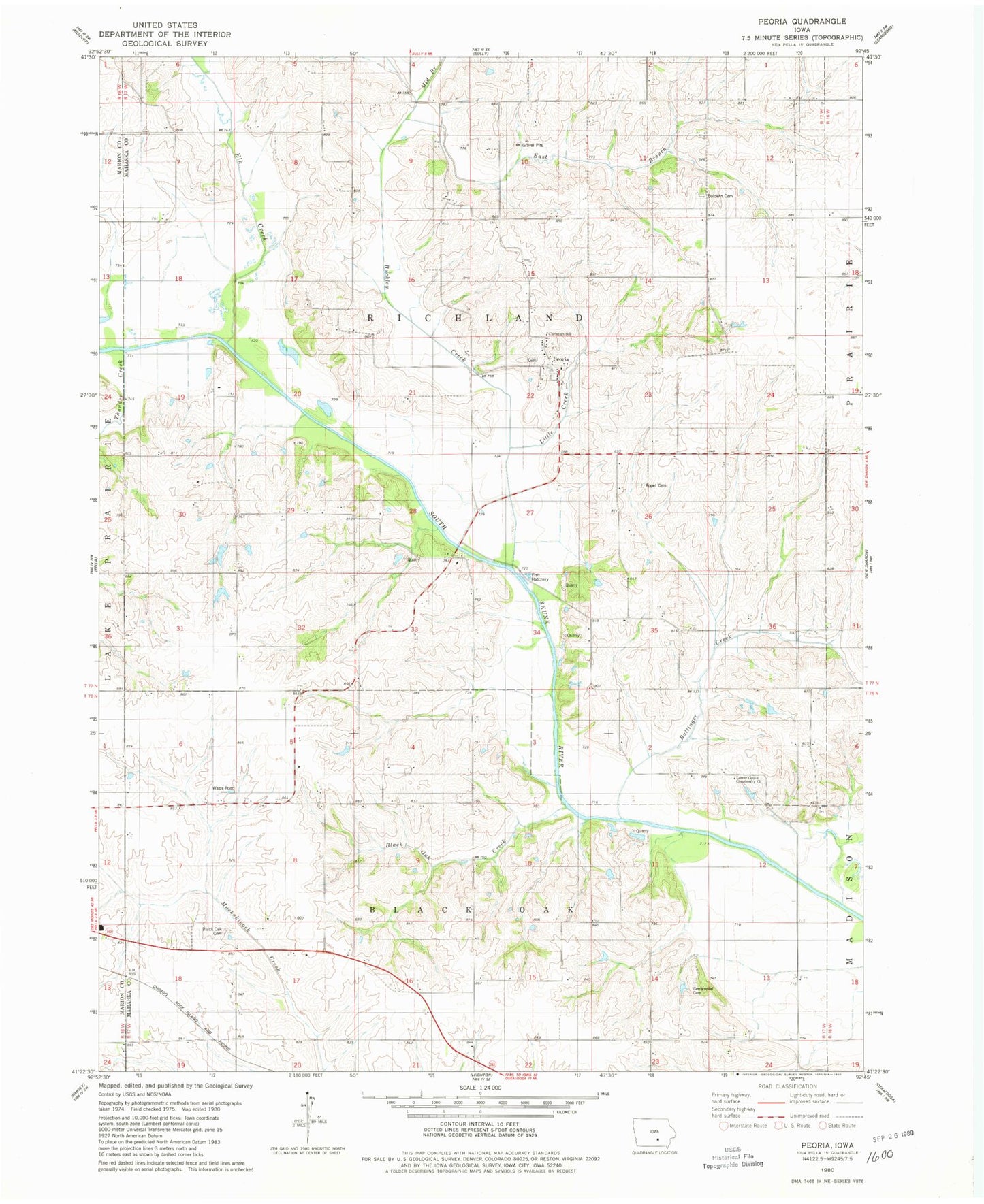 Classic USGS Peoria Iowa 7.5'x7.5' Topo Map Image