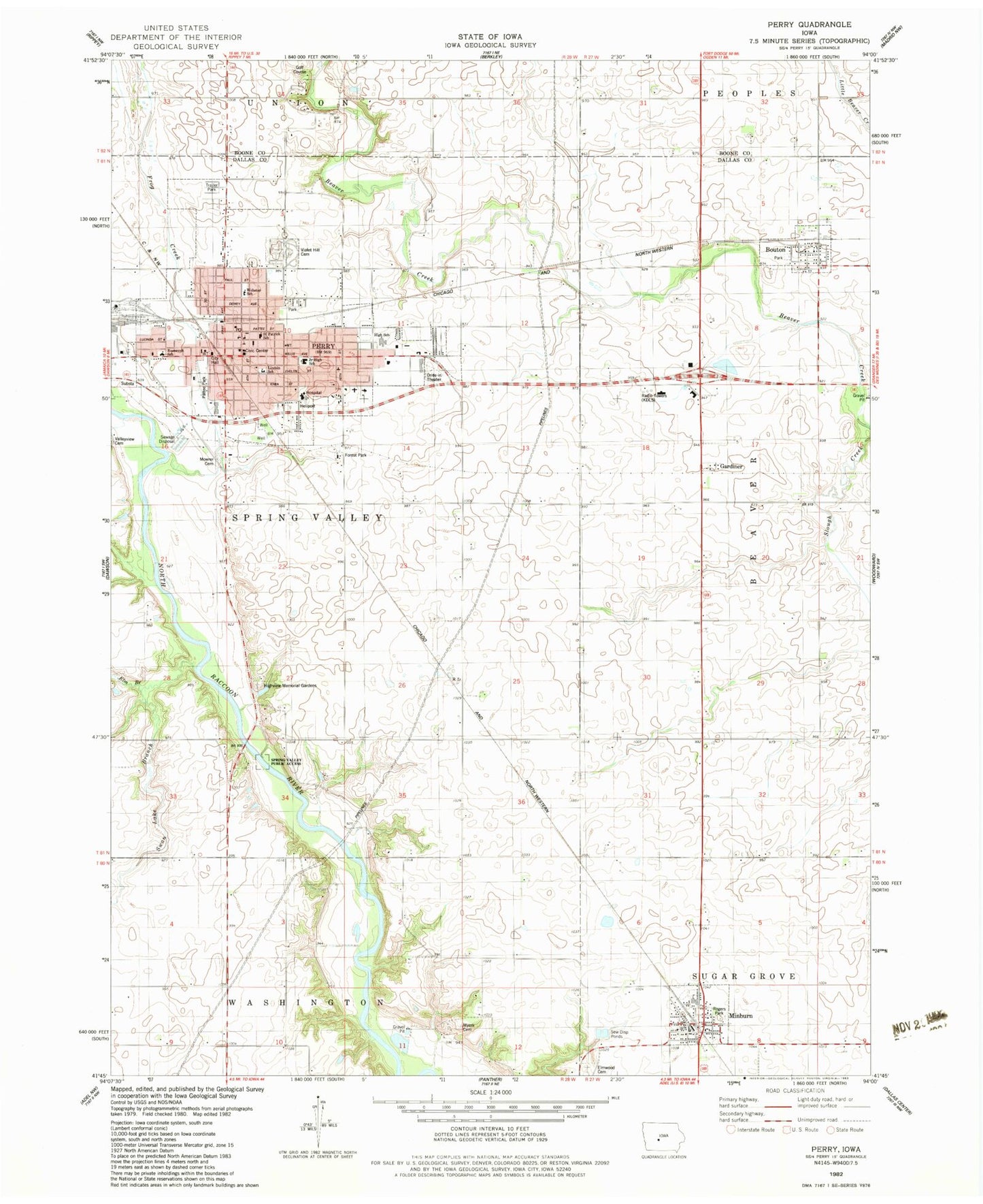 Classic USGS Perry Iowa 7.5'x7.5' Topo Map Image