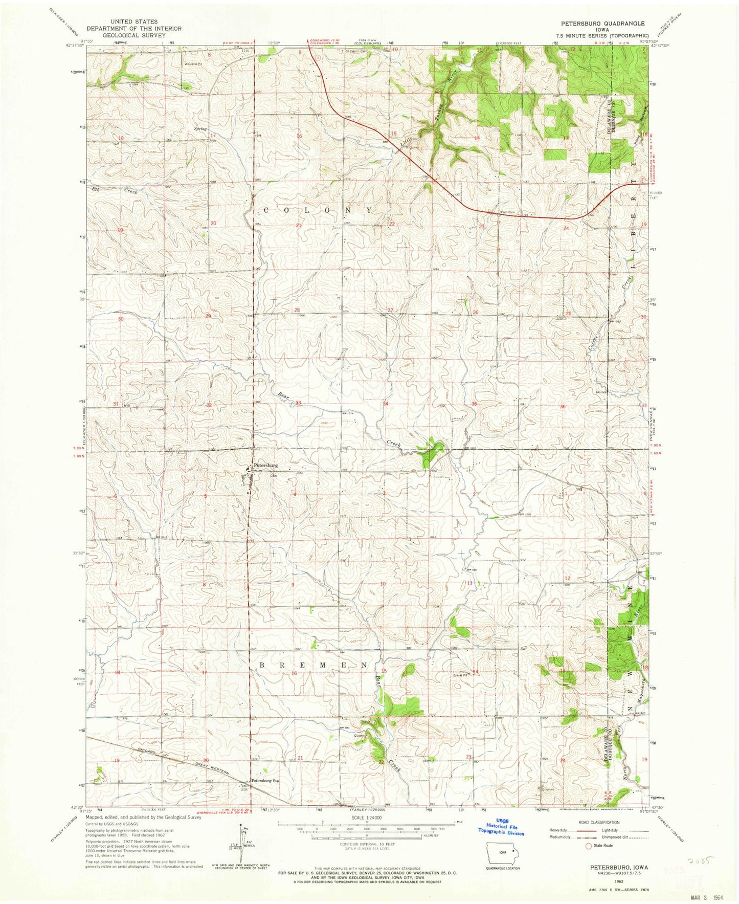 Classic USGS Petersburg Iowa 7.5'x7.5' Topo Map Image