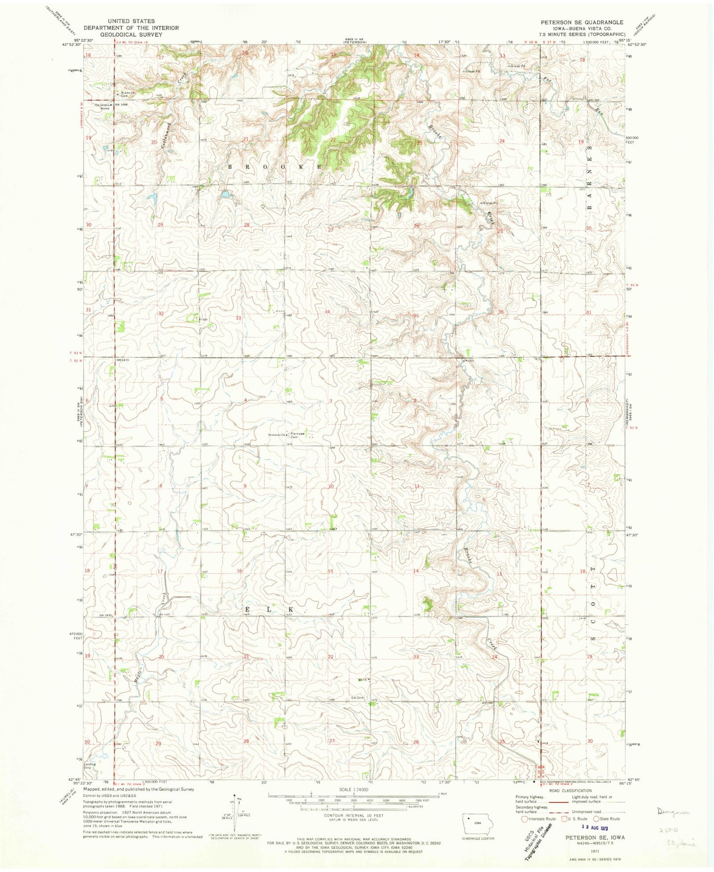 Classic USGS Peterson SE Iowa 7.5'x7.5' Topo Map Image