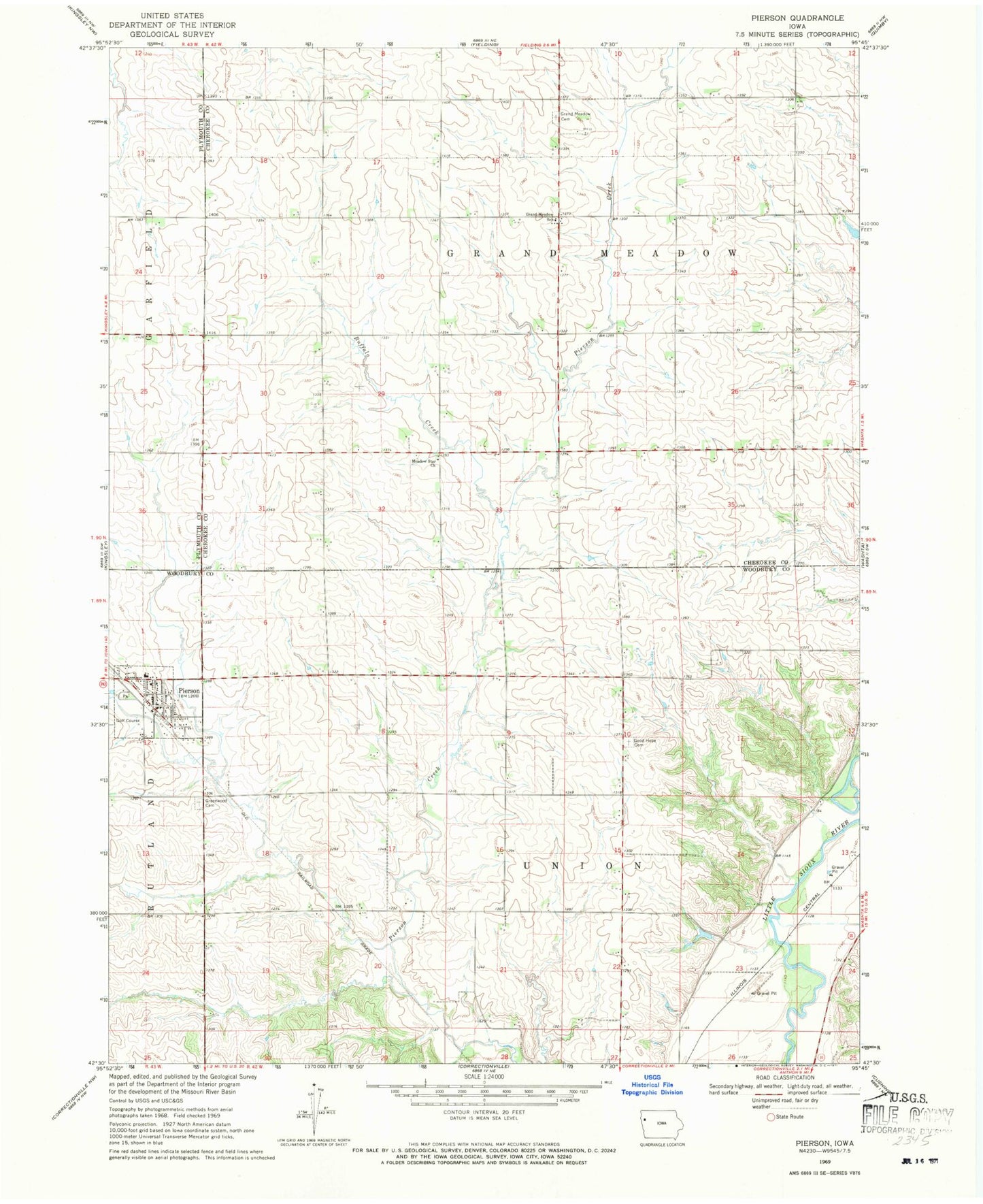 Classic USGS Pierson Iowa 7.5'x7.5' Topo Map Image