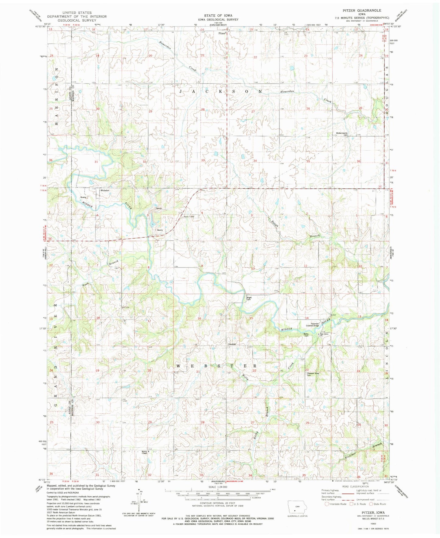 Classic USGS Pitzer Iowa 7.5'x7.5' Topo Map Image
