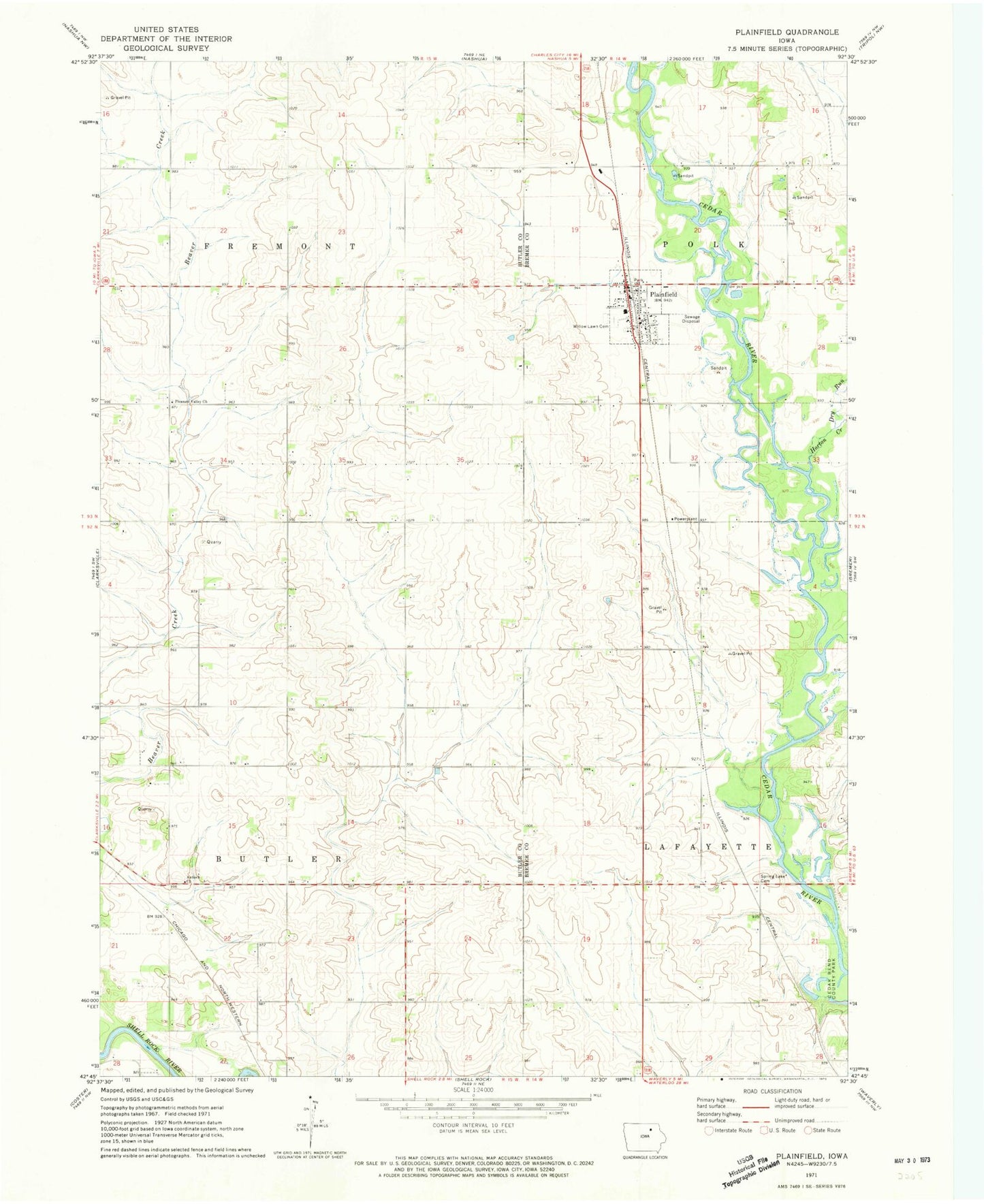 Classic USGS Plainfield Iowa 7.5'x7.5' Topo Map Image