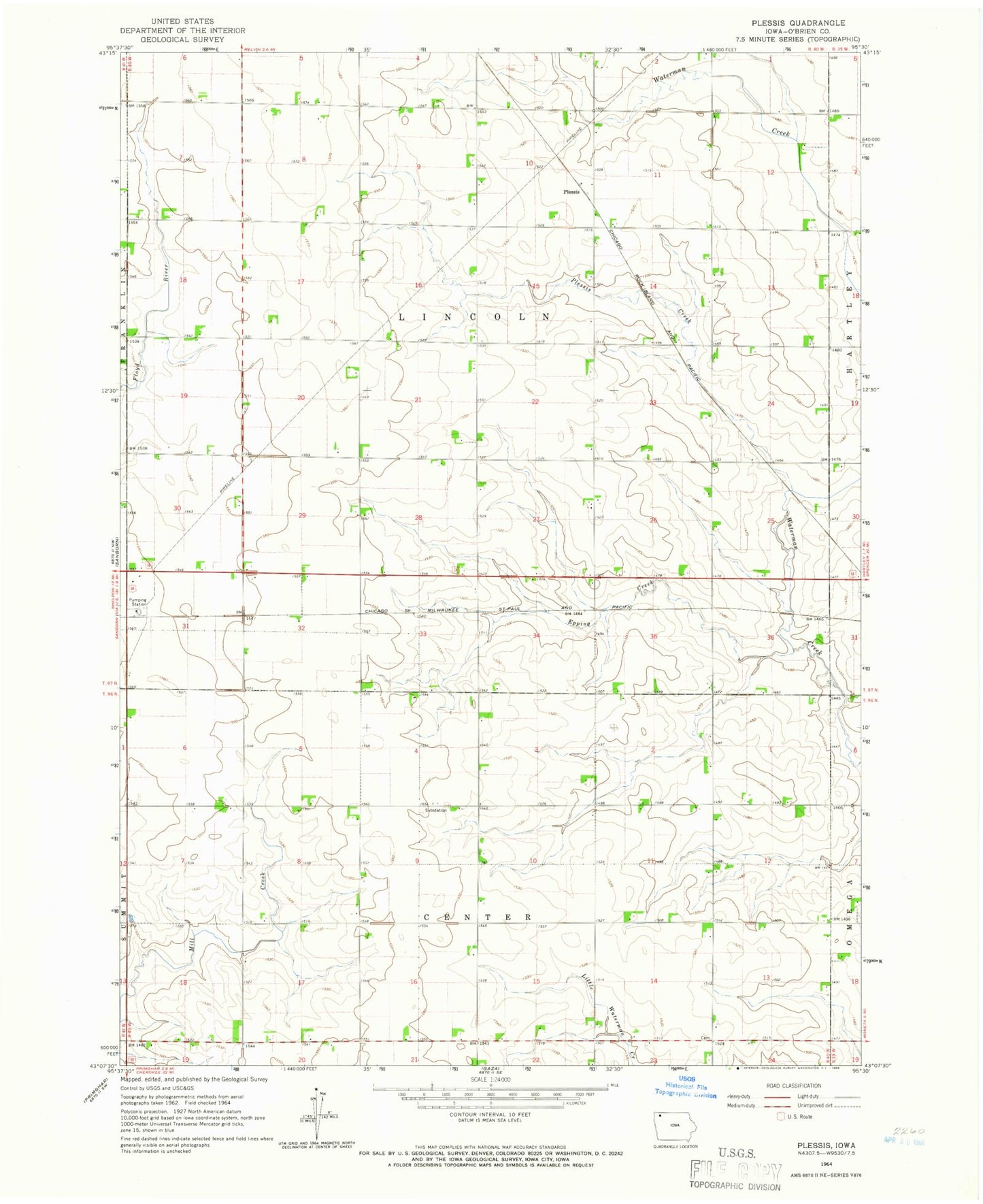 Classic USGS Plessis Iowa 7.5'x7.5' Topo Map Image