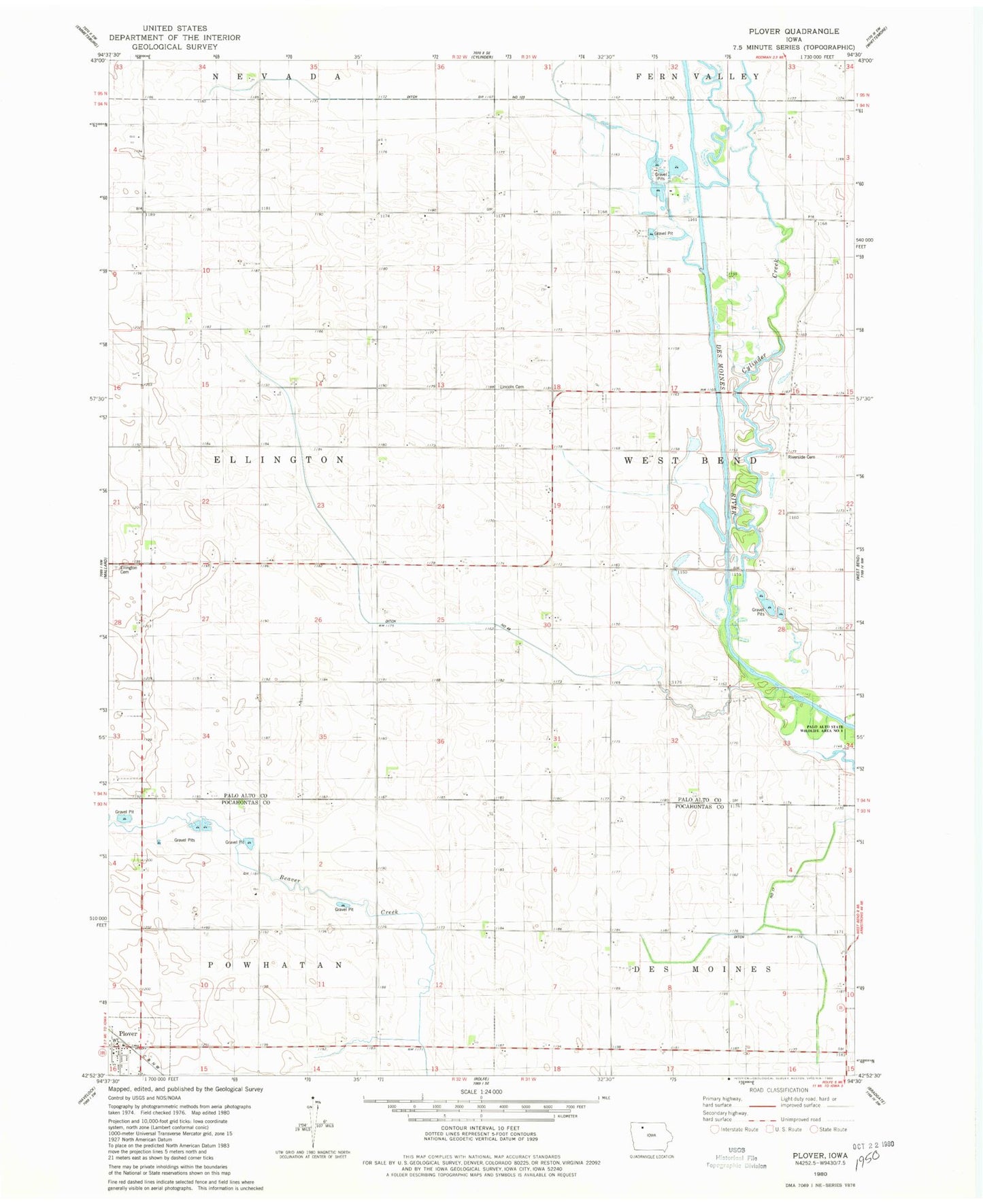 Classic USGS Plover Iowa 7.5'x7.5' Topo Map Image