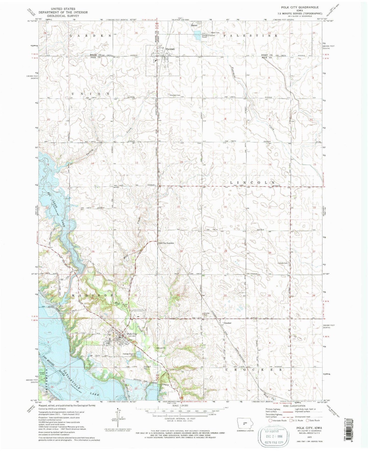 Classic USGS Polk City Iowa 7.5'x7.5' Topo Map Image