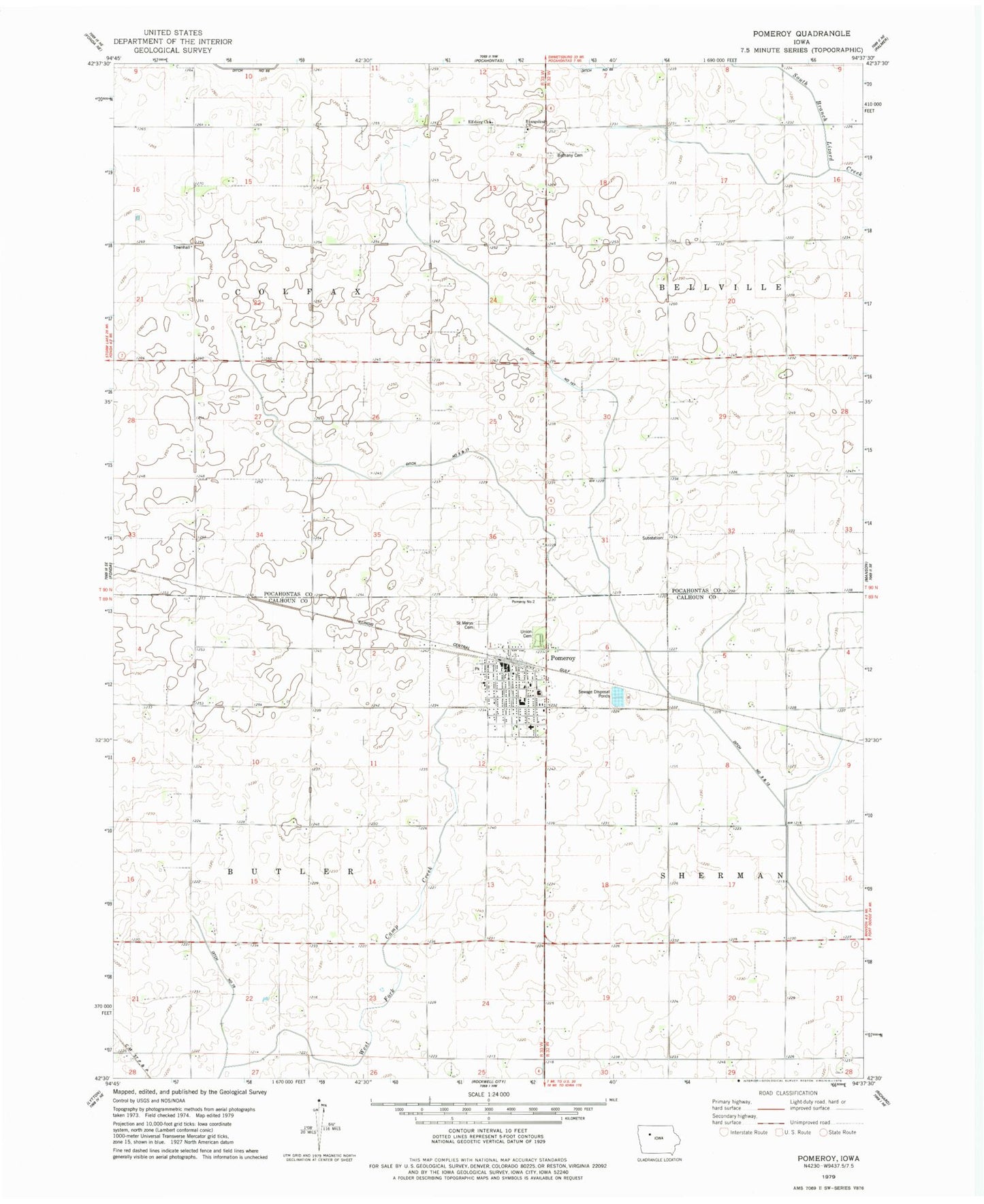 Classic USGS Pomeroy Iowa 7.5'x7.5' Topo Map Image