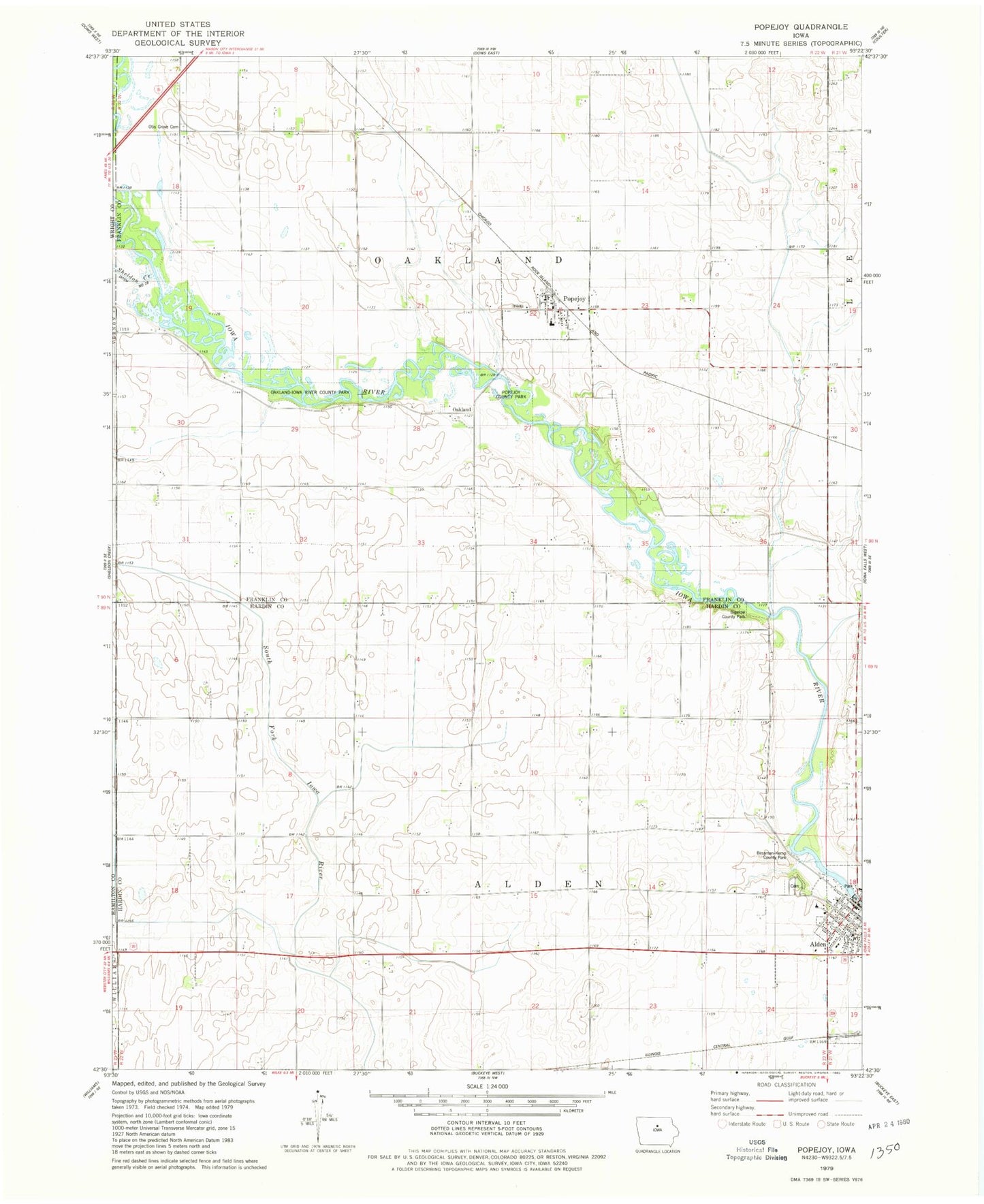 Classic USGS Popejoy Iowa 7.5'x7.5' Topo Map Image