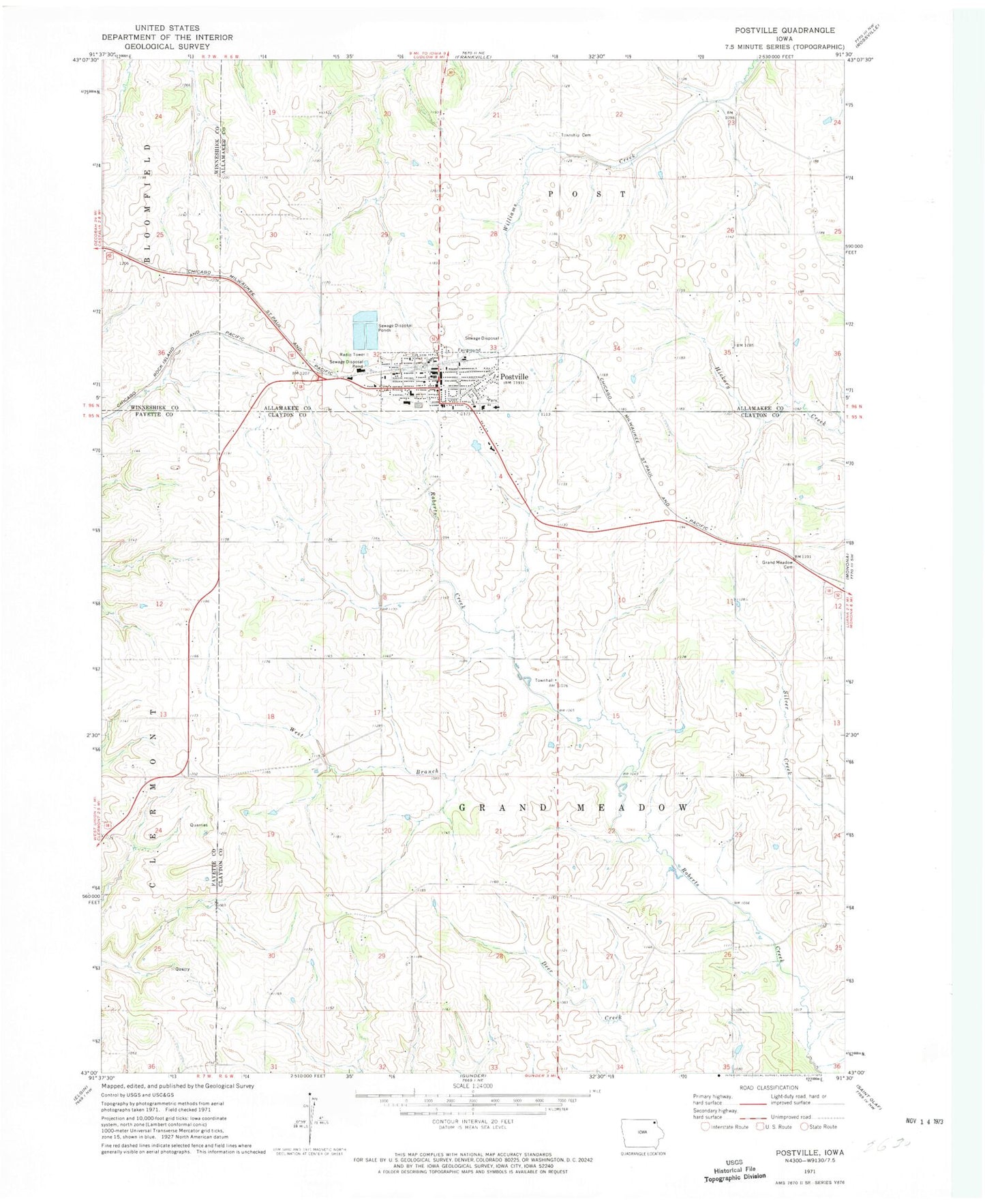 Classic USGS Postville Iowa 7.5'x7.5' Topo Map Image