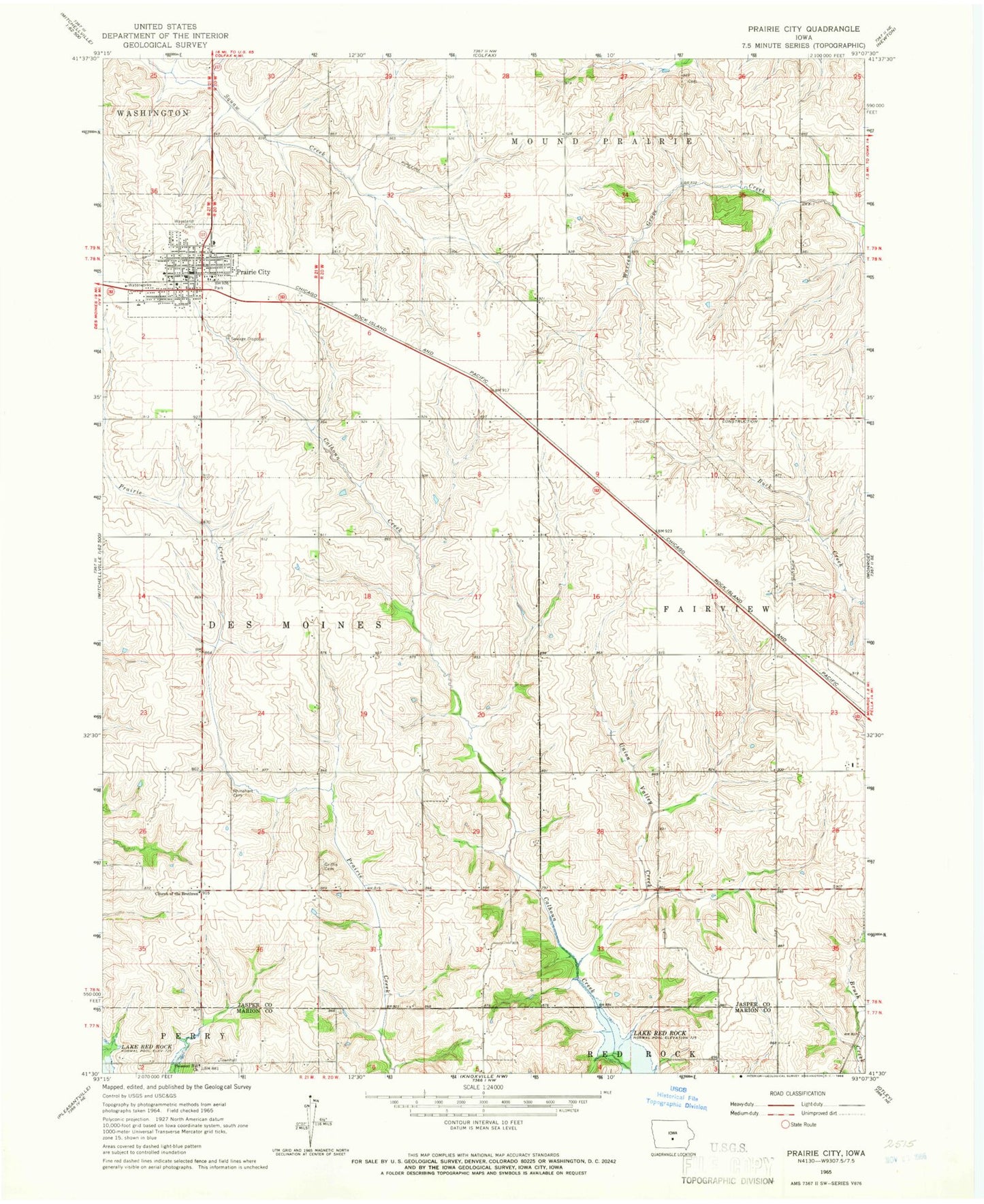 Classic USGS Prairie City Iowa 7.5'x7.5' Topo Map Image