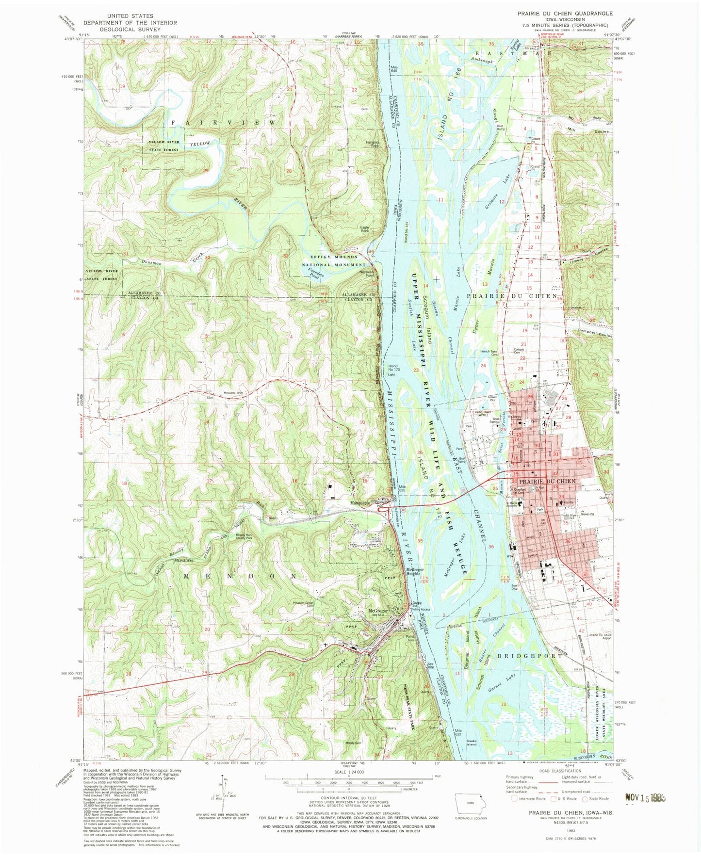 Classic USGS Prairie du Chien Wisconsin 7.5'x7.5' Topo Map Image