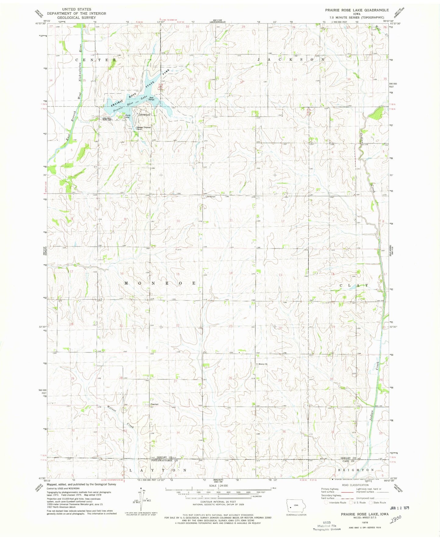 Classic USGS Prairie Rose Lake Iowa 7.5'x7.5' Topo Map Image