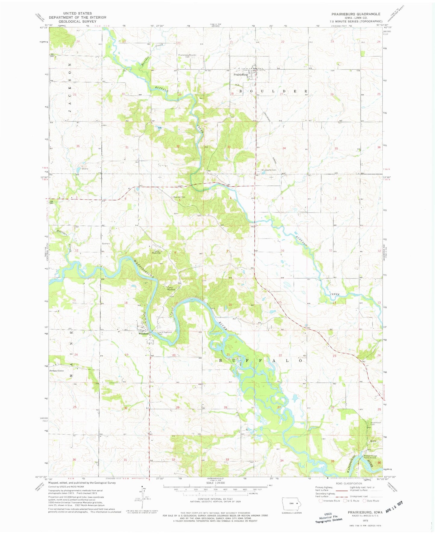 Classic USGS Prairieburg Iowa 7.5'x7.5' Topo Map Image