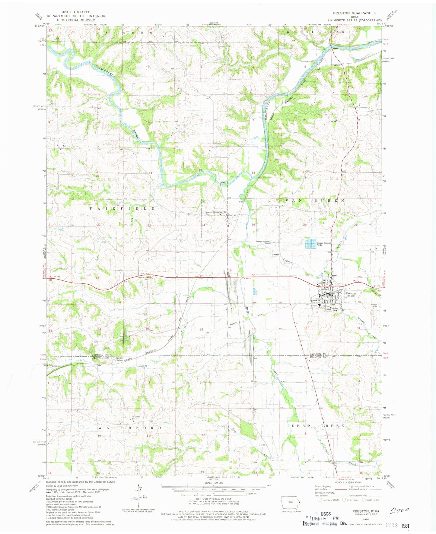 Classic USGS Preston Iowa 7.5'x7.5' Topo Map Image