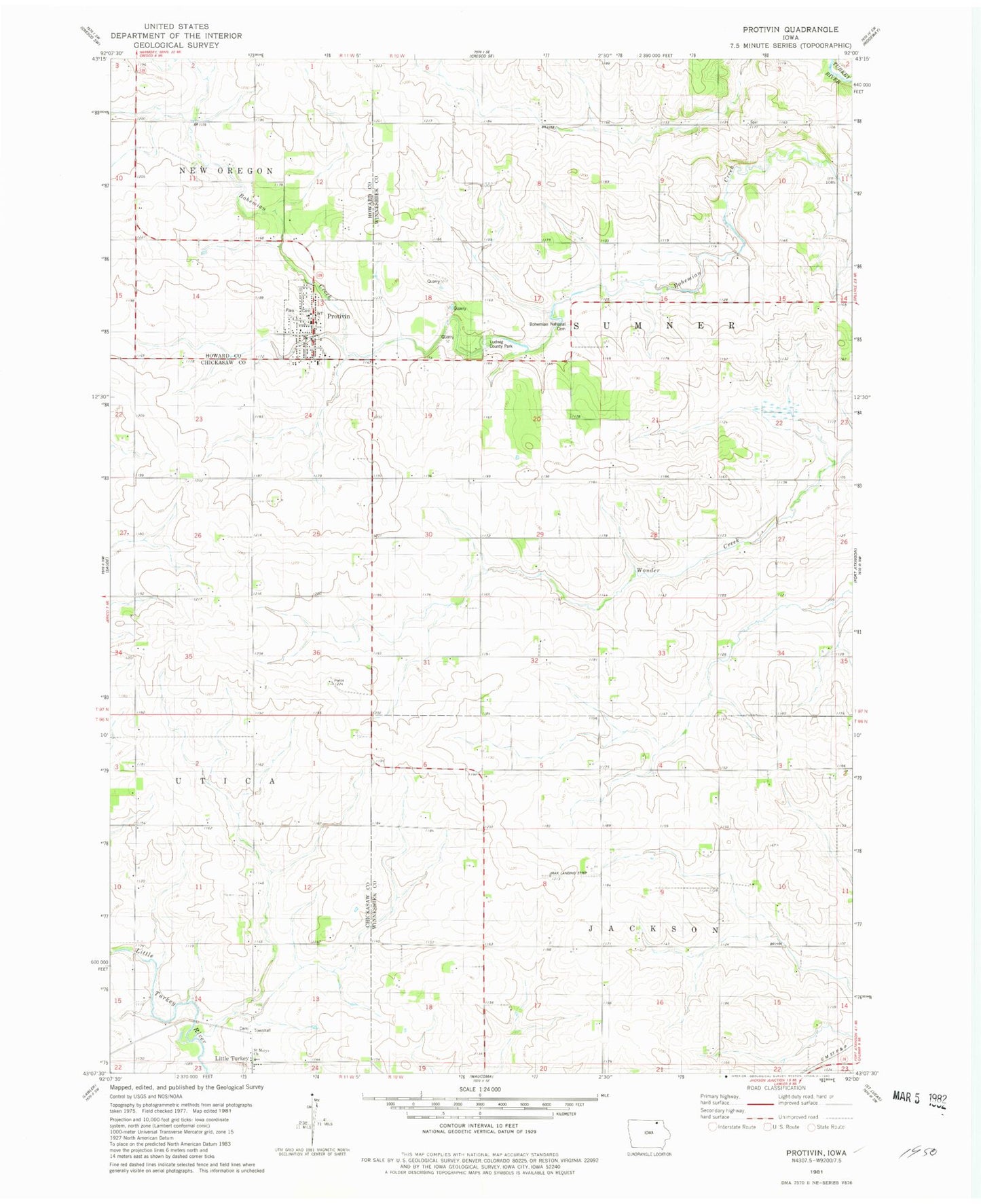 Classic USGS Protivin Iowa 7.5'x7.5' Topo Map Image
