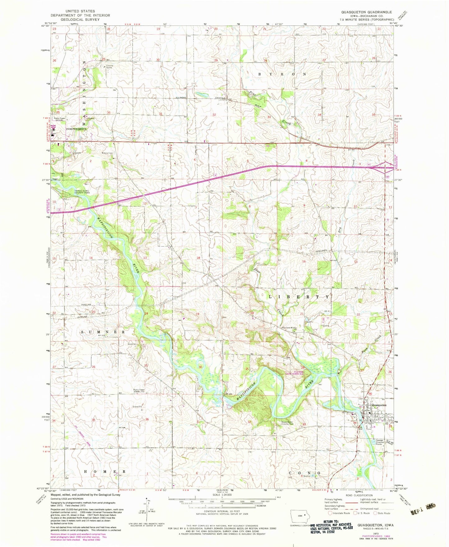 Classic USGS Quasqueton Iowa 7.5'x7.5' Topo Map Image