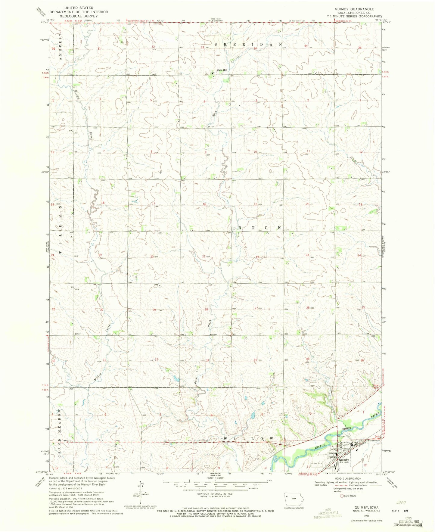 Classic USGS Quimby Iowa 7.5'x7.5' Topo Map Image