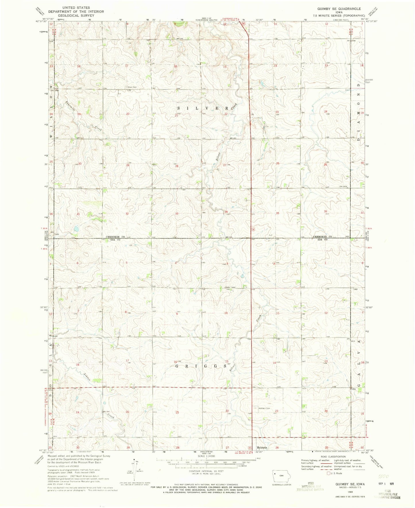 Classic USGS Quimby SE Iowa 7.5'x7.5' Topo Map Image
