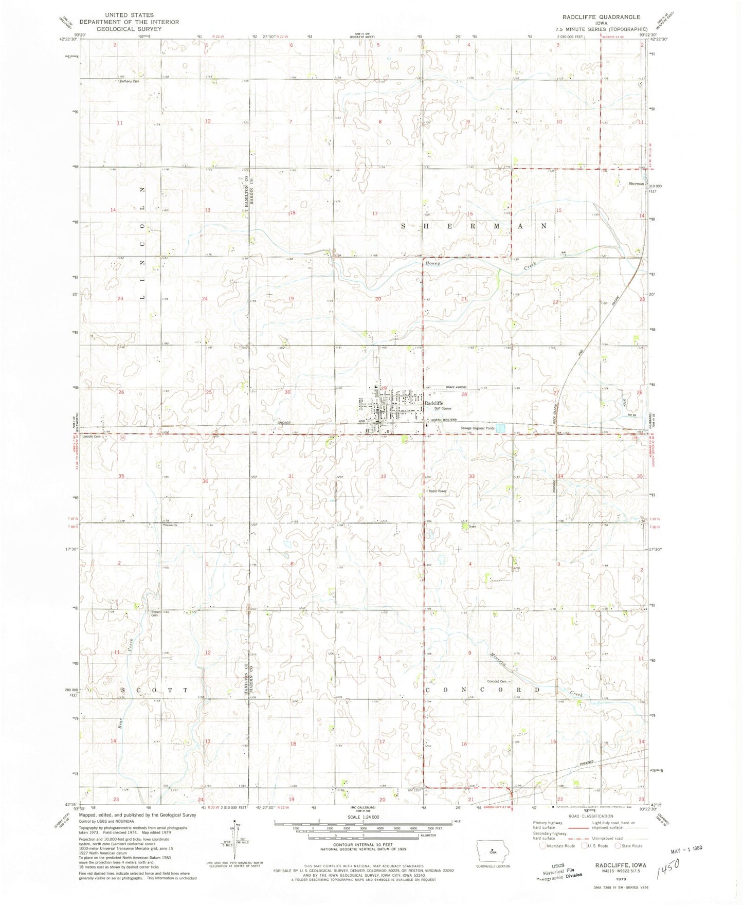 Classic USGS Radcliffe Iowa 7.5'x7.5' Topo Map Image