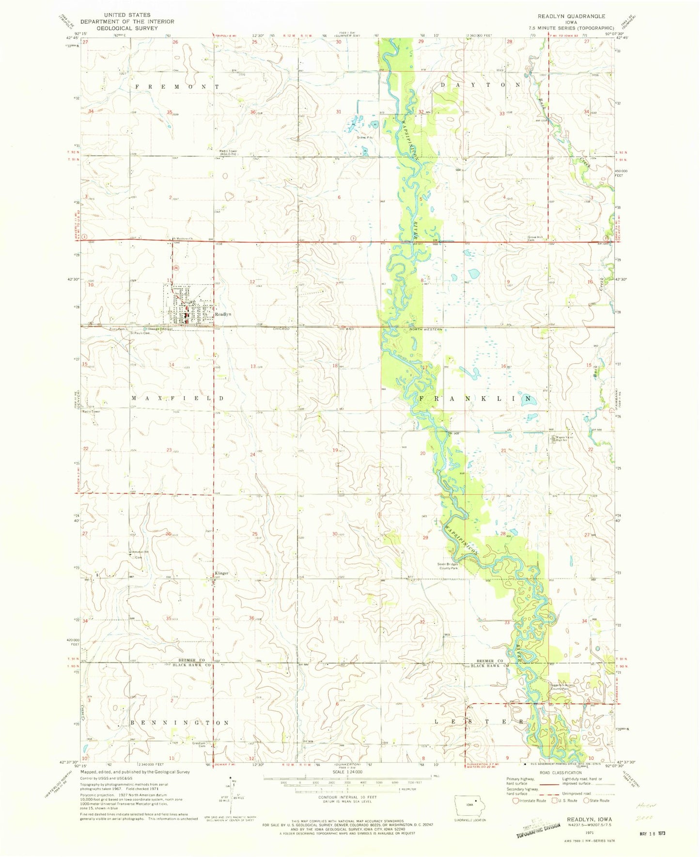 Classic USGS Readlyn Iowa 7.5'x7.5' Topo Map Image