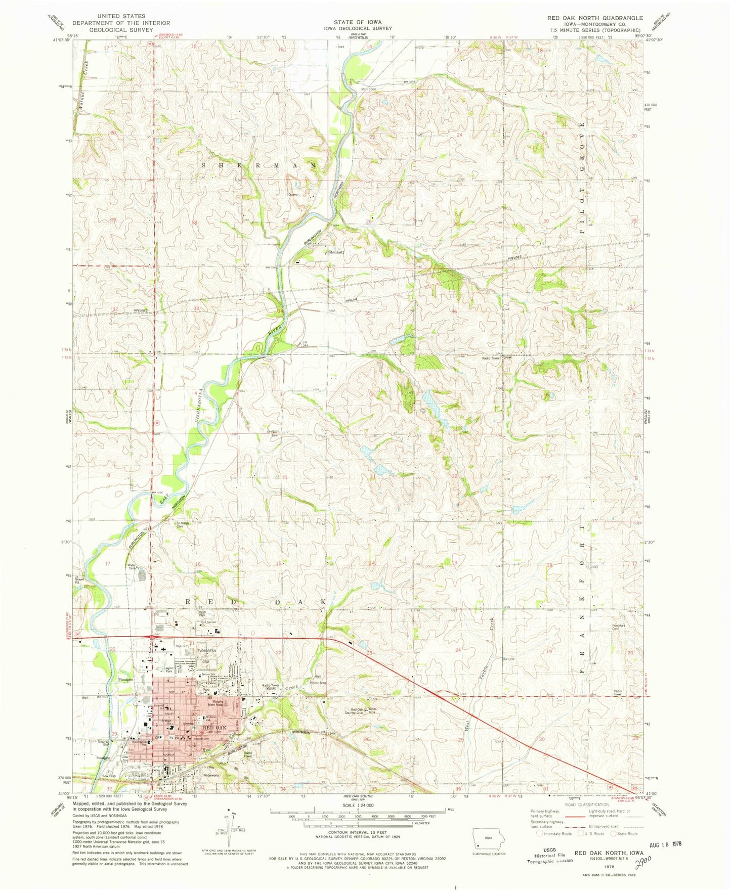 Classic USGS Red Oak North Iowa 7.5'x7.5' Topo Map Image
