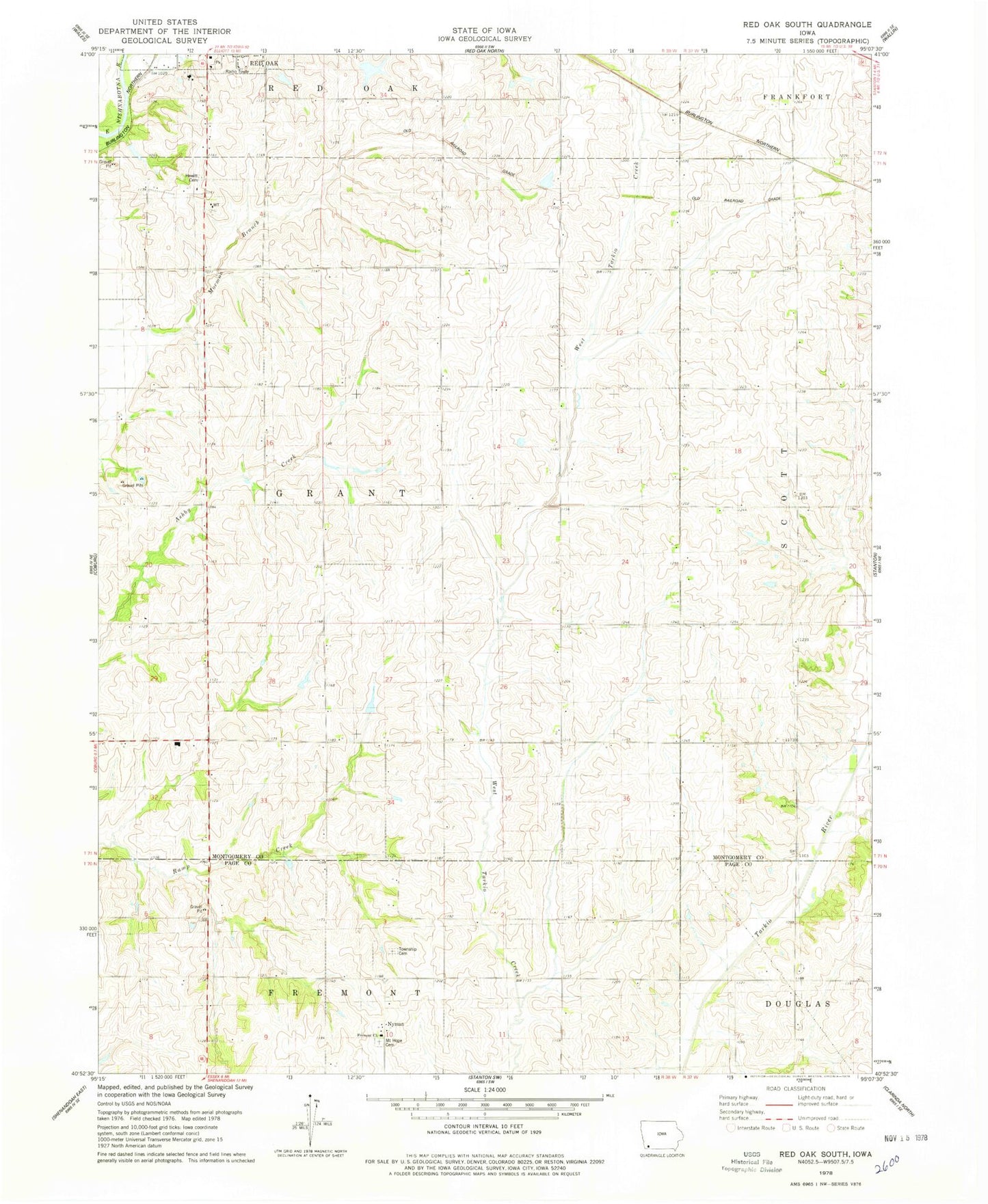Classic USGS Red Oak South Iowa 7.5'x7.5' Topo Map Image