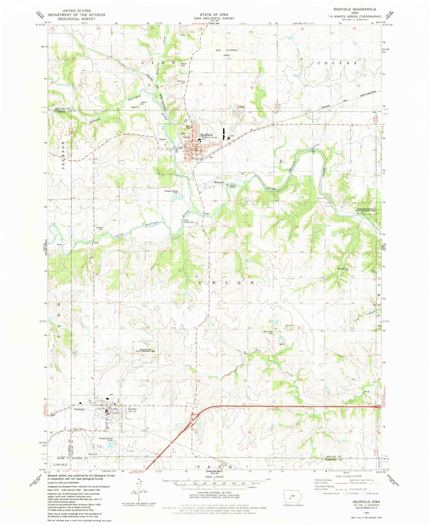 Classic USGS Redfield Iowa 7.5'x7.5' Topo Map Image