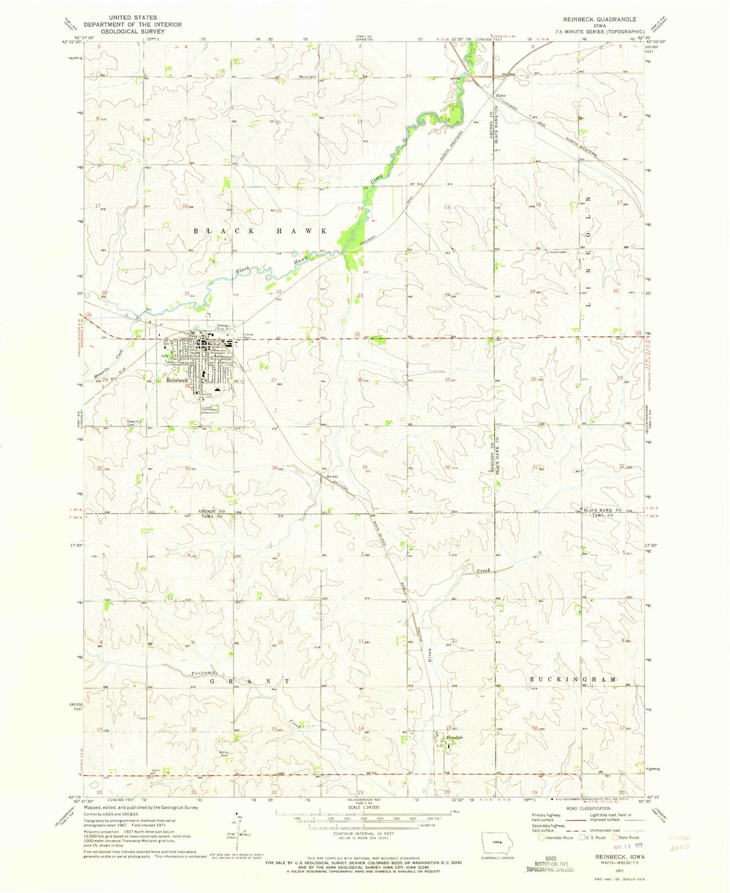 Classic USGS Reinbeck Iowa 7.5'x7.5' Topo Map Image