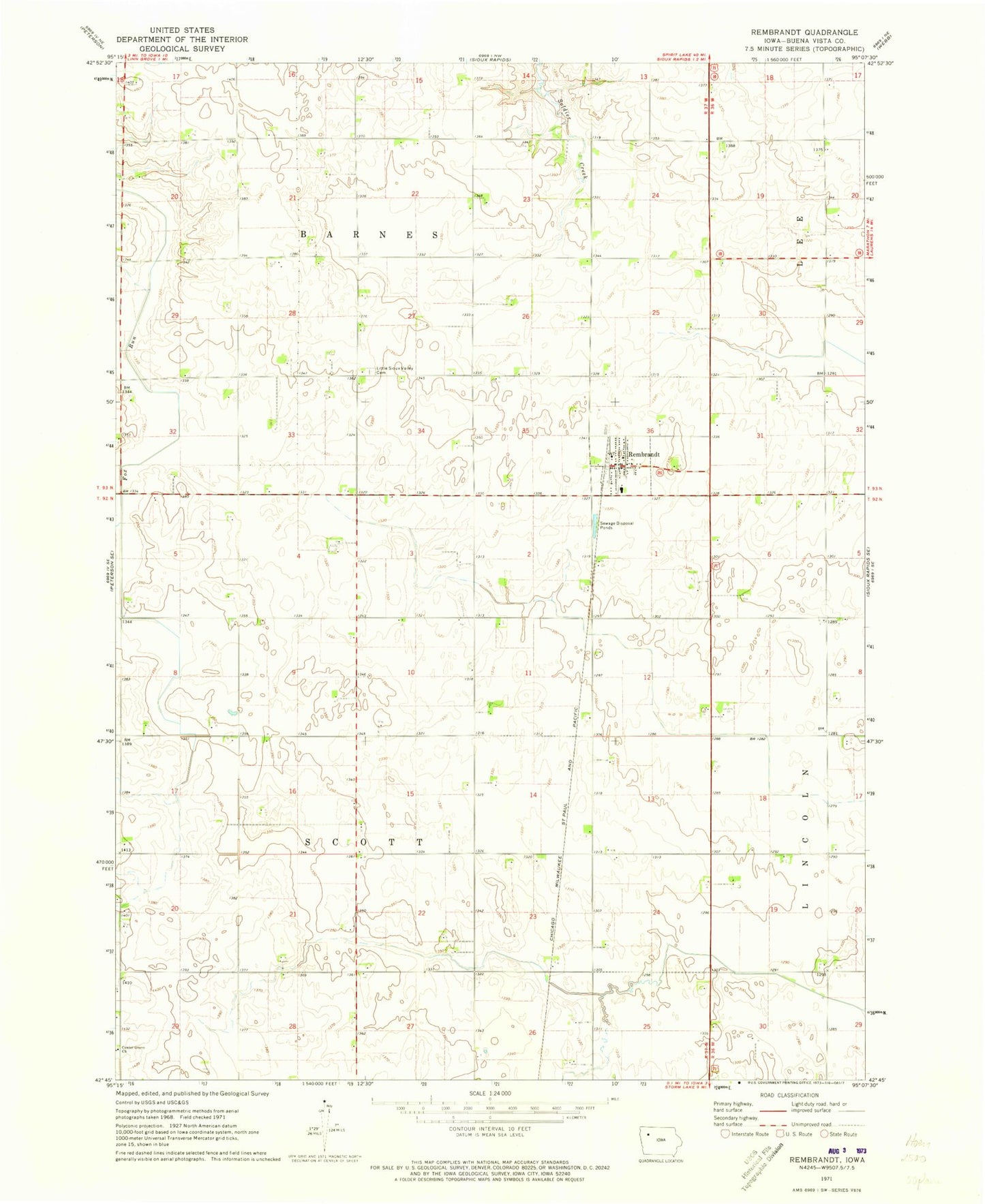Classic USGS Rembrandt Iowa 7.5'x7.5' Topo Map Image
