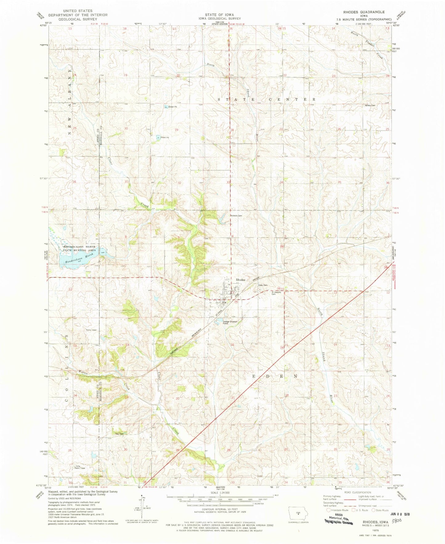 Classic USGS Rhodes Iowa 7.5'x7.5' Topo Map Image