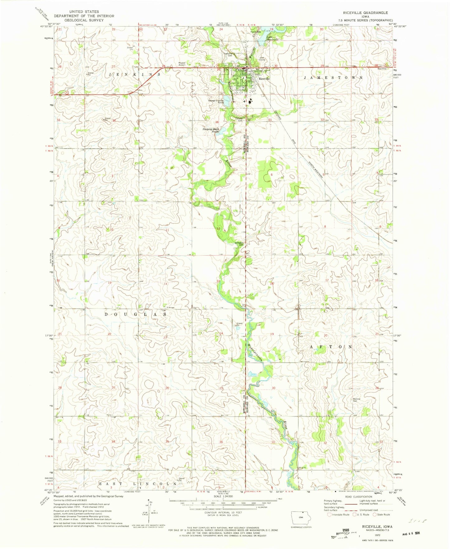 Classic USGS Riceville Iowa 7.5'x7.5' Topo Map Image