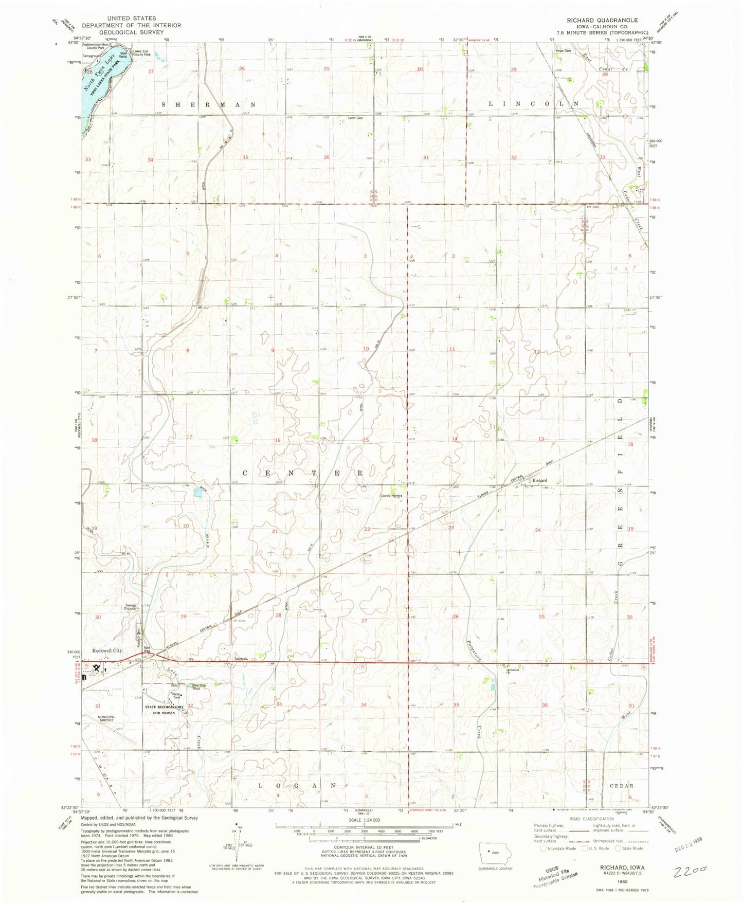 Classic USGS Richard Iowa 7.5'x7.5' Topo Map Image