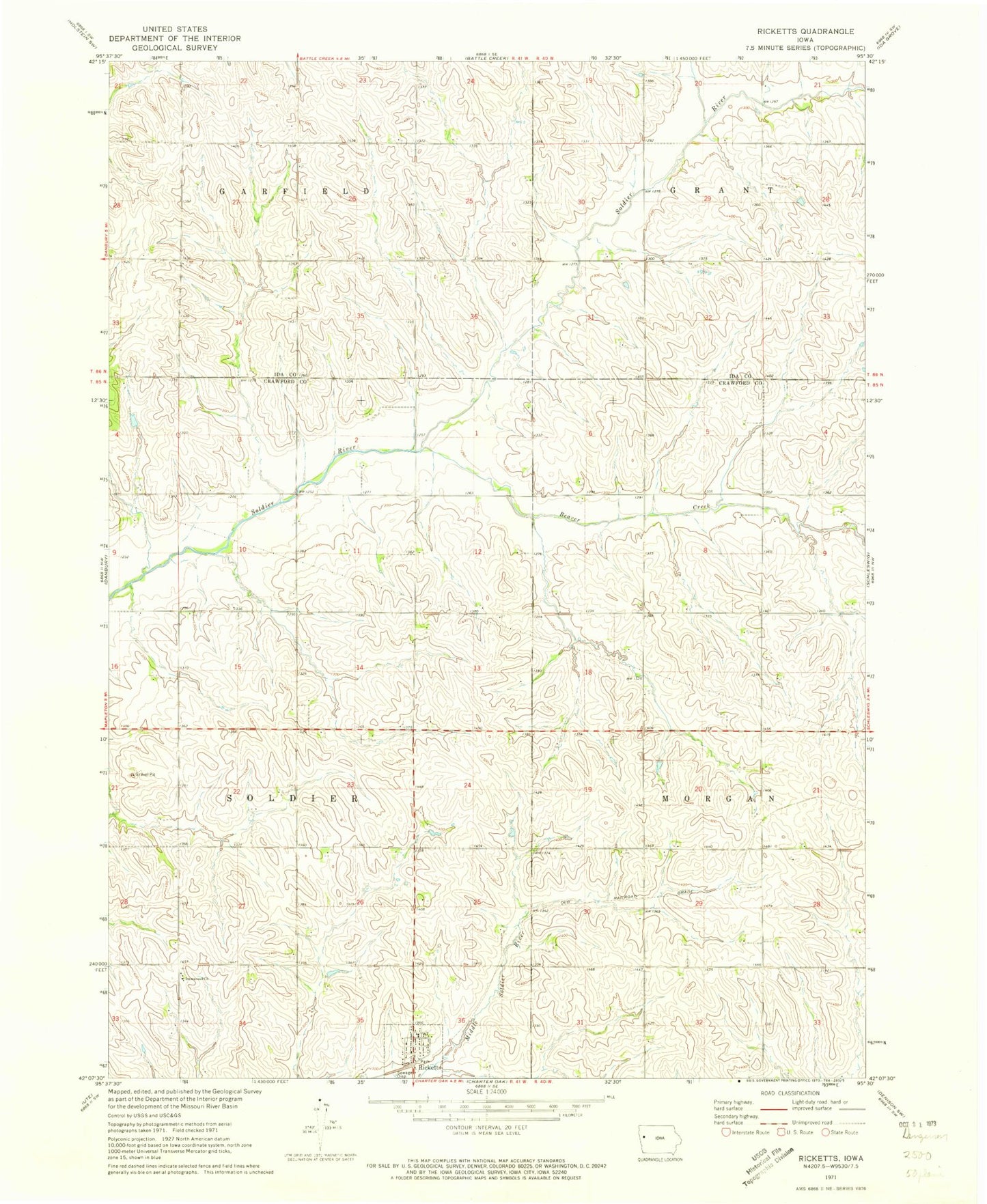 Classic USGS Ricketts Iowa 7.5'x7.5' Topo Map Image