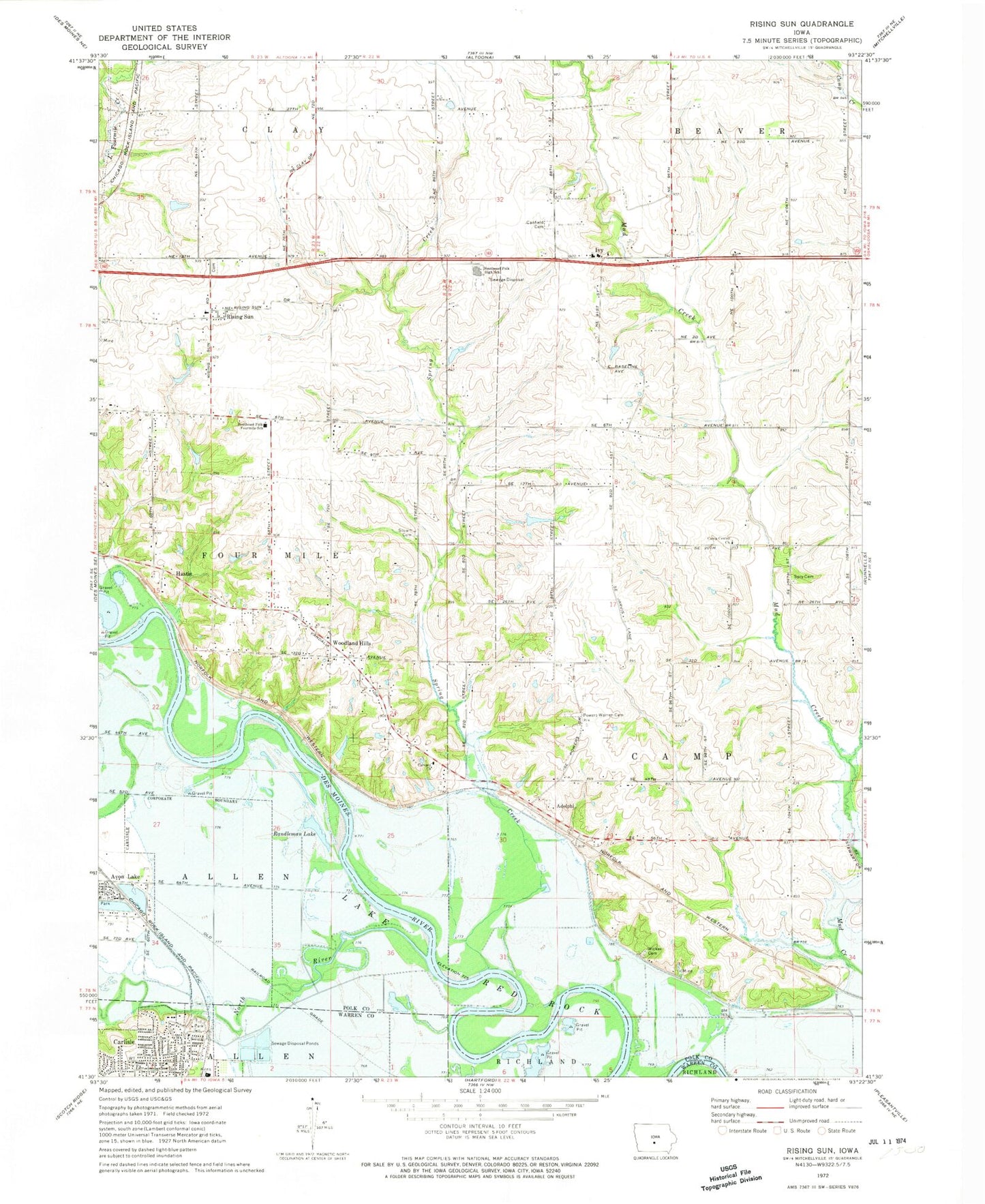 Classic USGS Rising Sun Iowa 7.5'x7.5' Topo Map Image