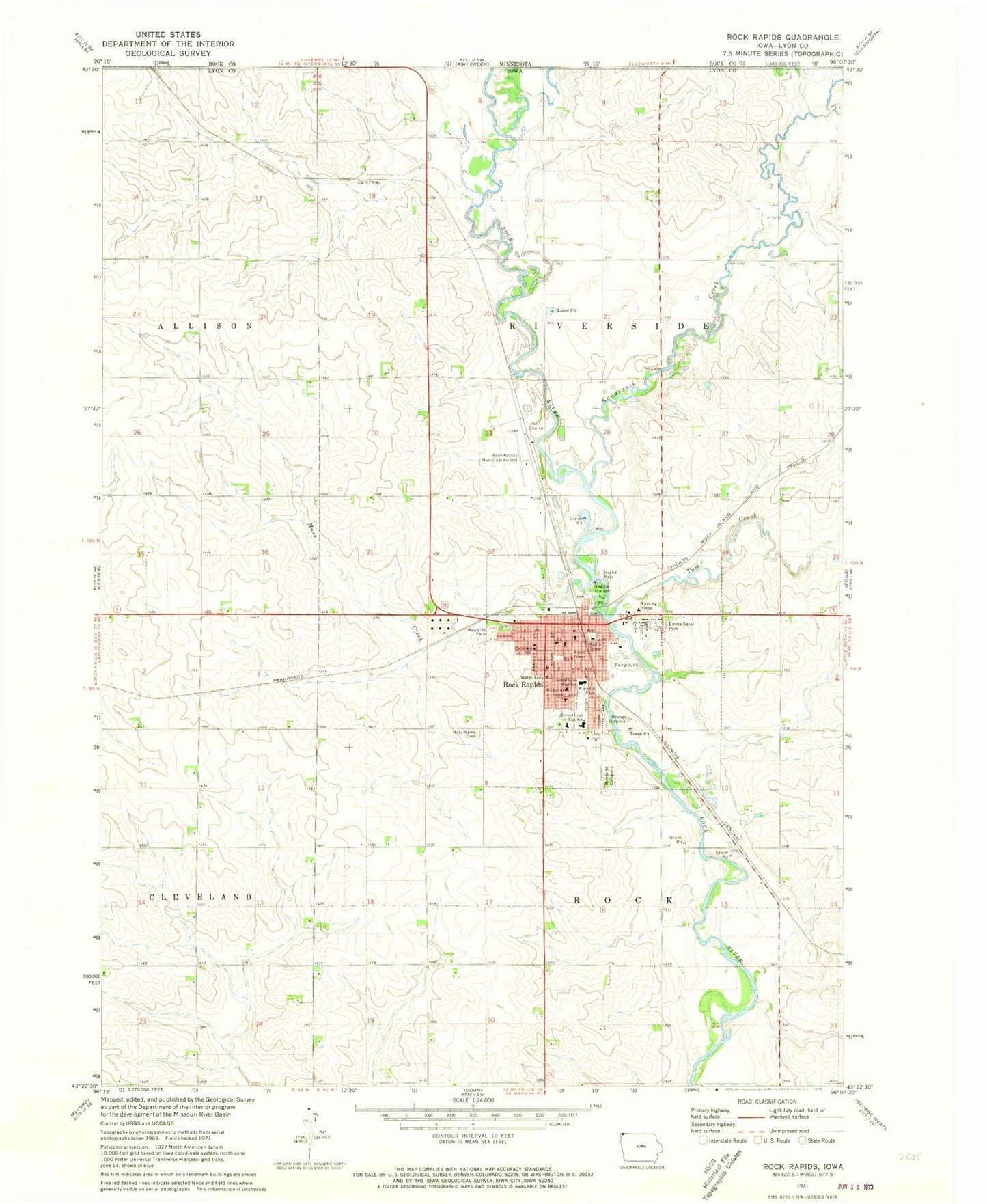 Classic USGS Rock Rapids Iowa 7.5'x7.5' Topo Map Image