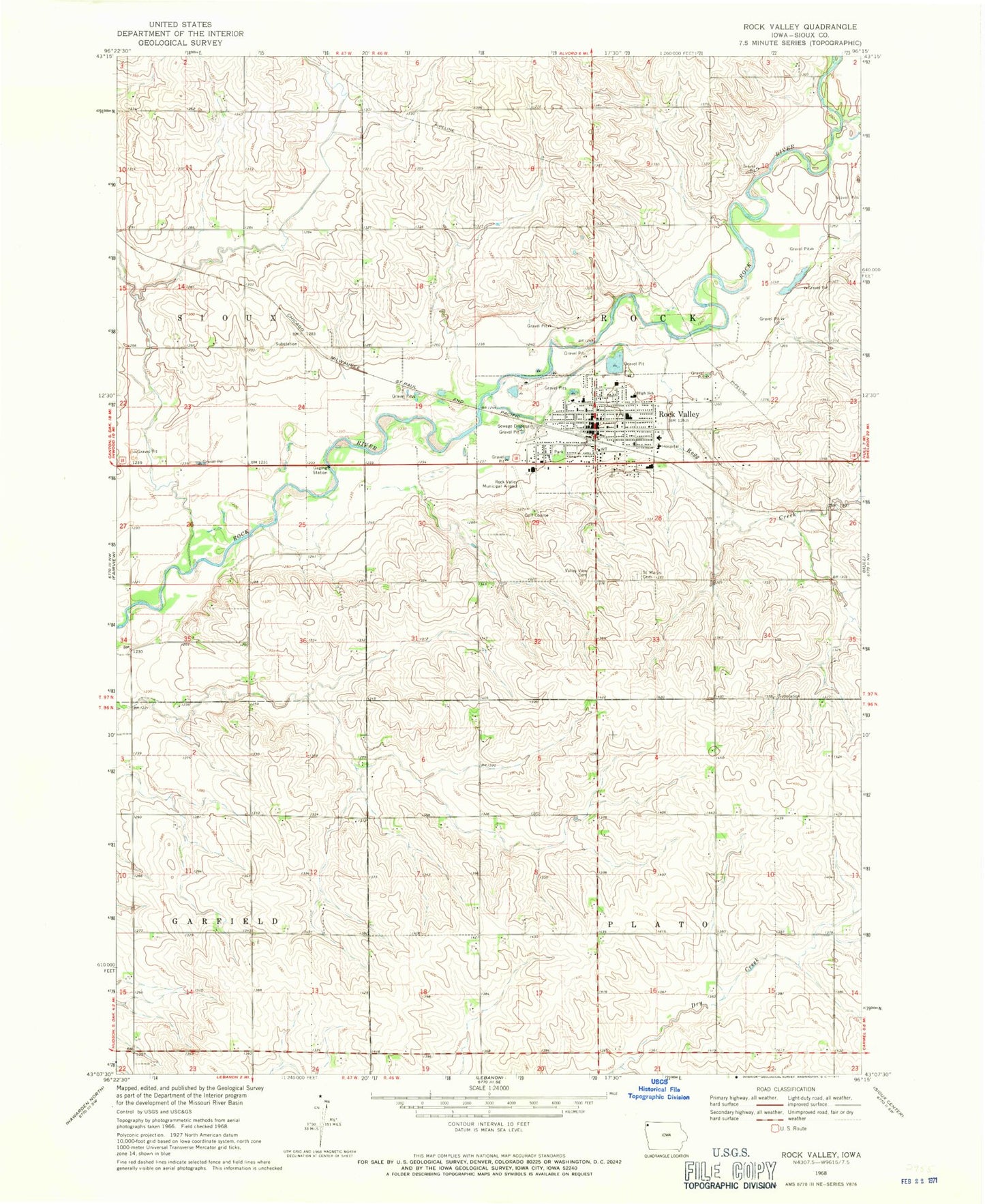 Classic USGS Rock Valley Iowa 7.5'x7.5' Topo Map Image