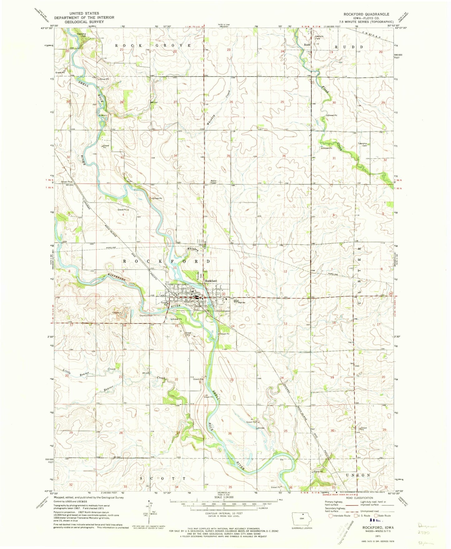 Classic USGS Rockford Iowa 7.5'x7.5' Topo Map Image