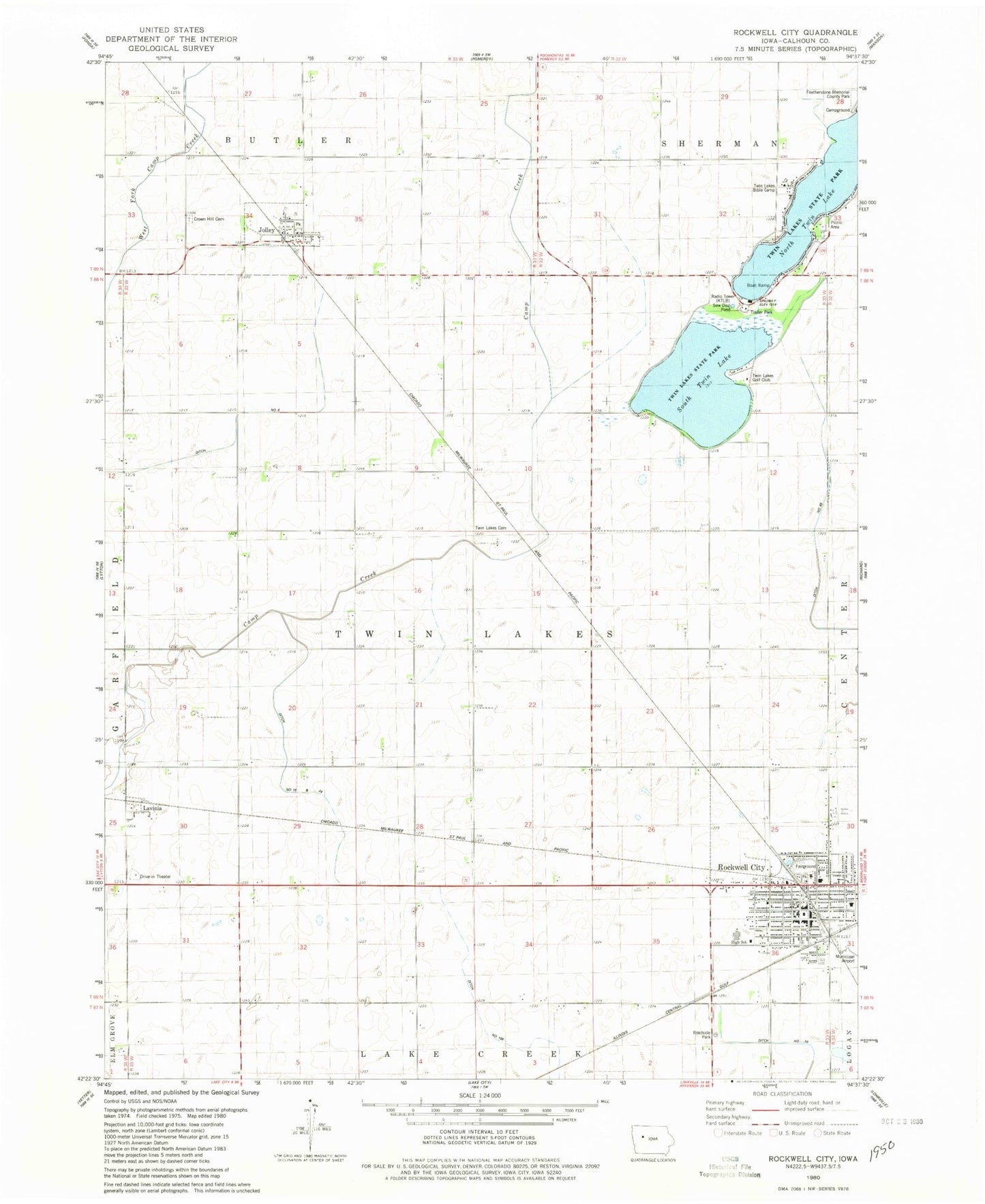 Classic USGS Rockwell City Iowa 7.5'x7.5' Topo Map Image