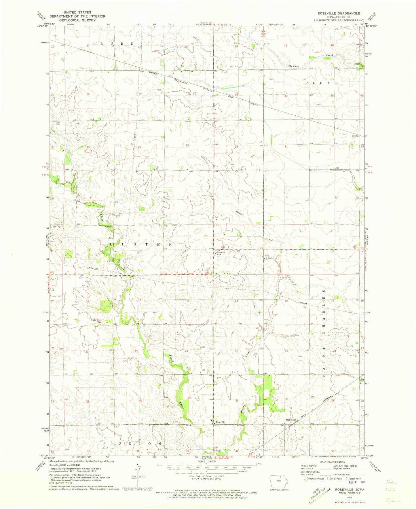 Classic USGS Roseville Iowa 7.5'x7.5' Topo Map Image