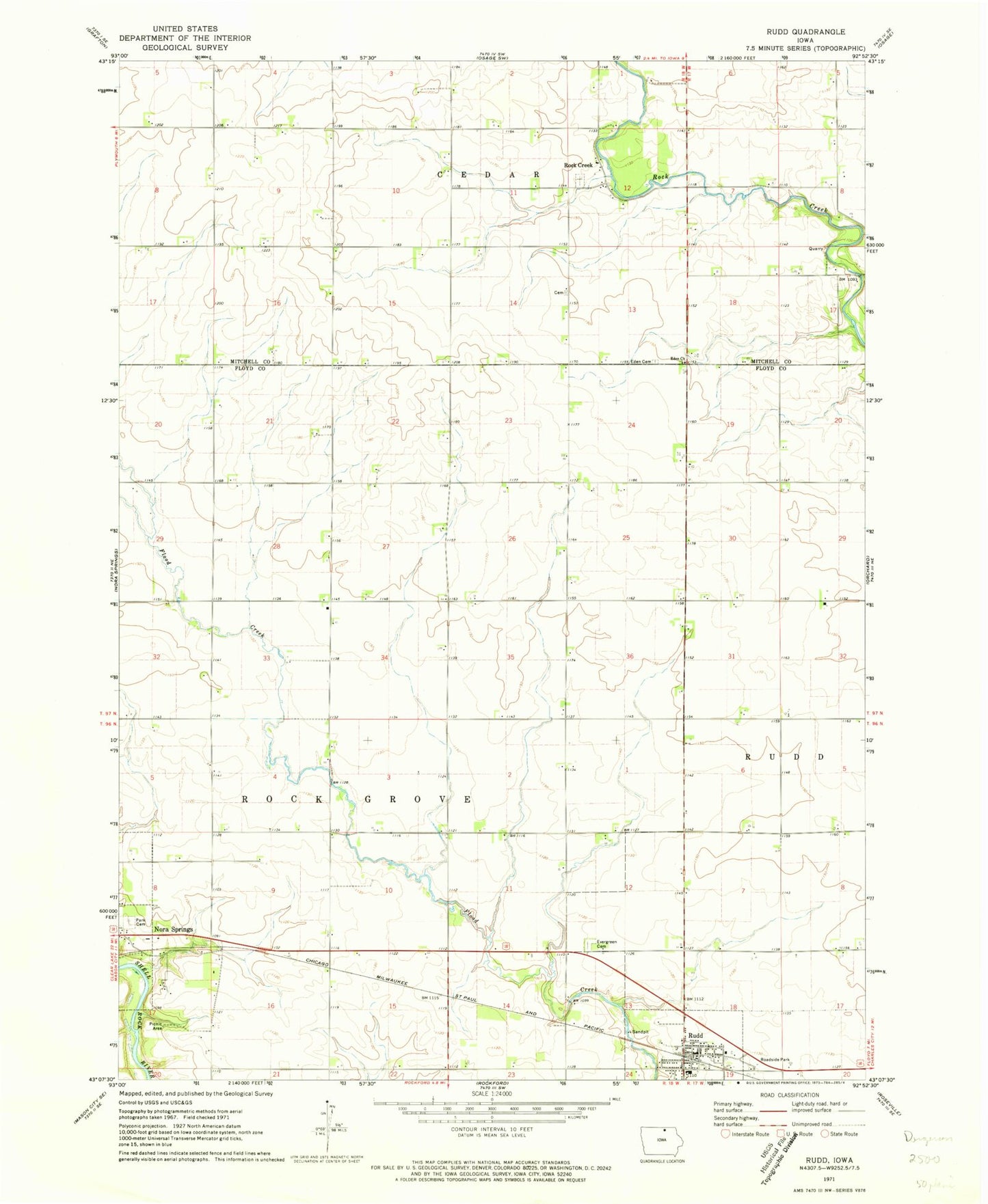Classic USGS Rudd Iowa 7.5'x7.5' Topo Map Image