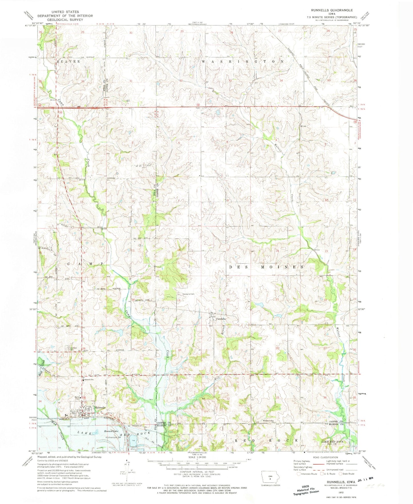 Classic USGS Runnells Iowa 7.5'x7.5' Topo Map Image