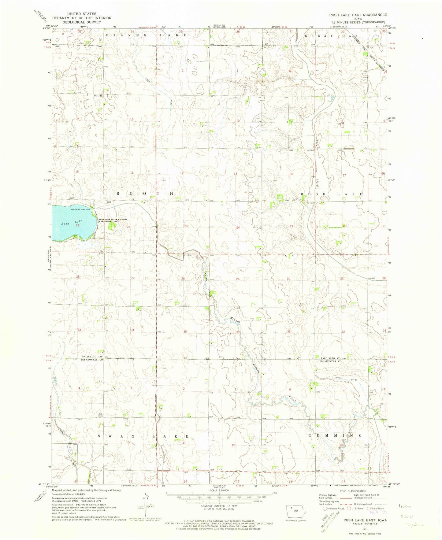 Classic USGS Rush Lake East Iowa 7.5'x7.5' Topo Map Image