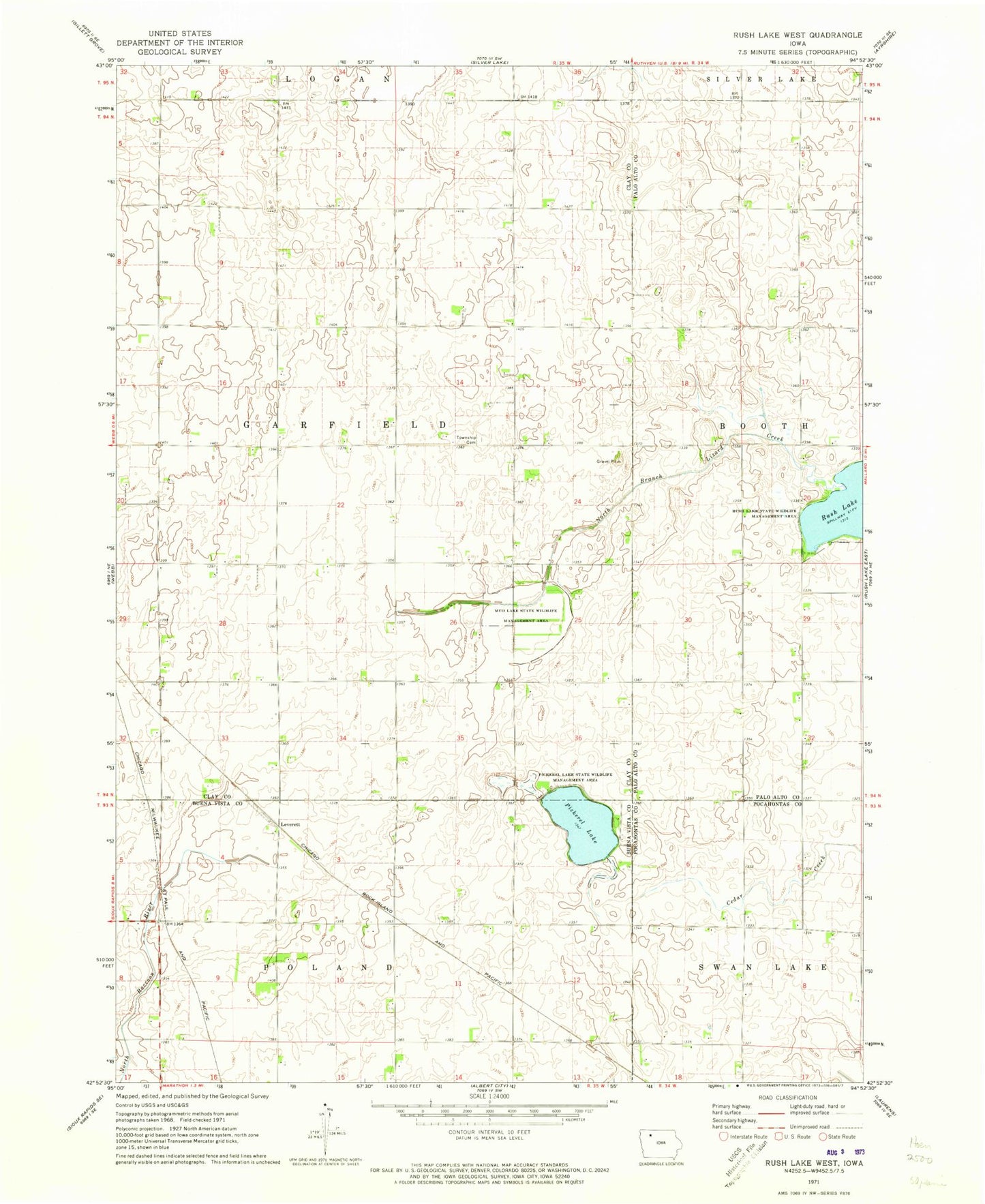 Classic USGS Rush Lake West Iowa 7.5'x7.5' Topo Map Image